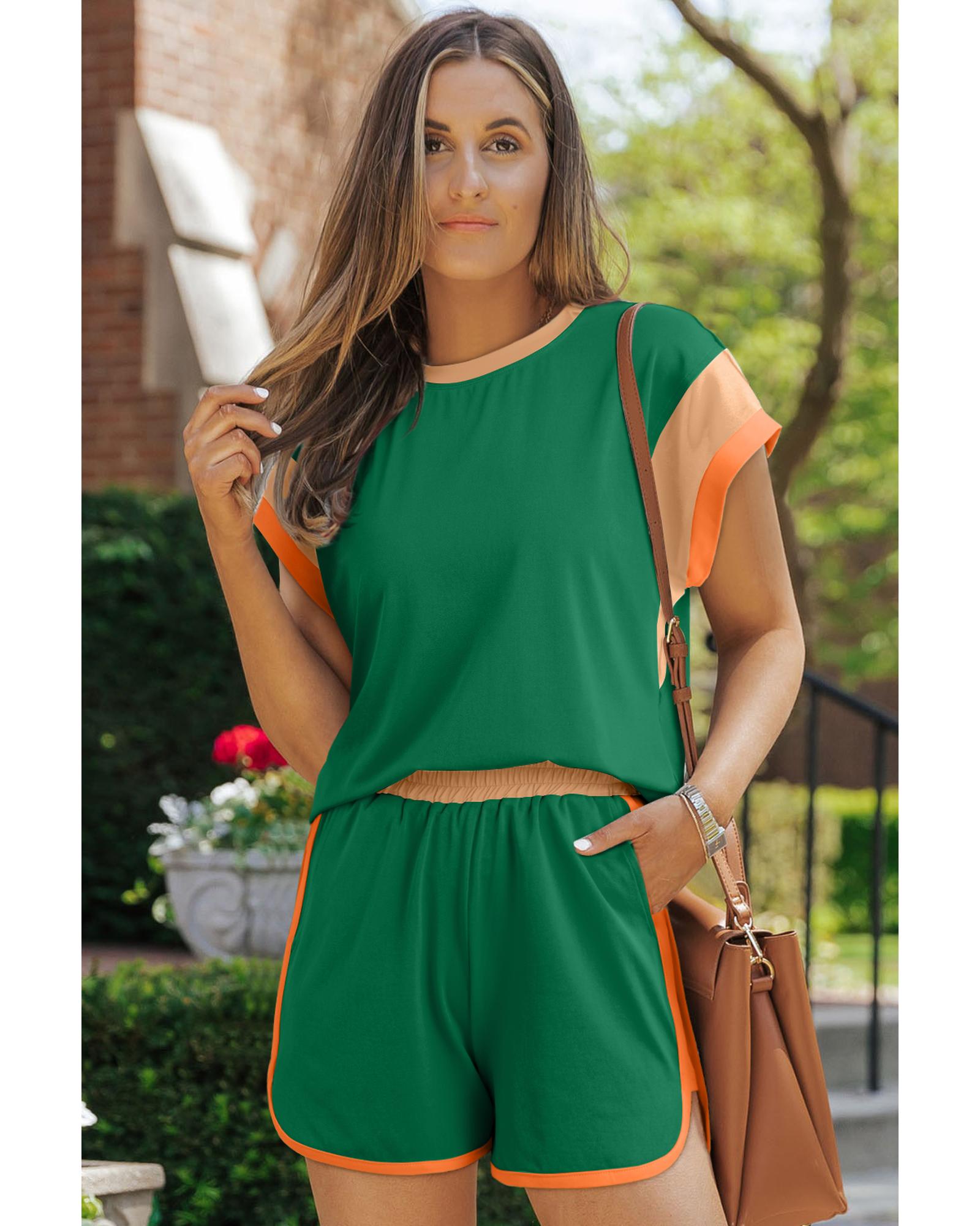 Dark Green Contrast Trim Cap Sleeve Tee Shorts Set - S 3