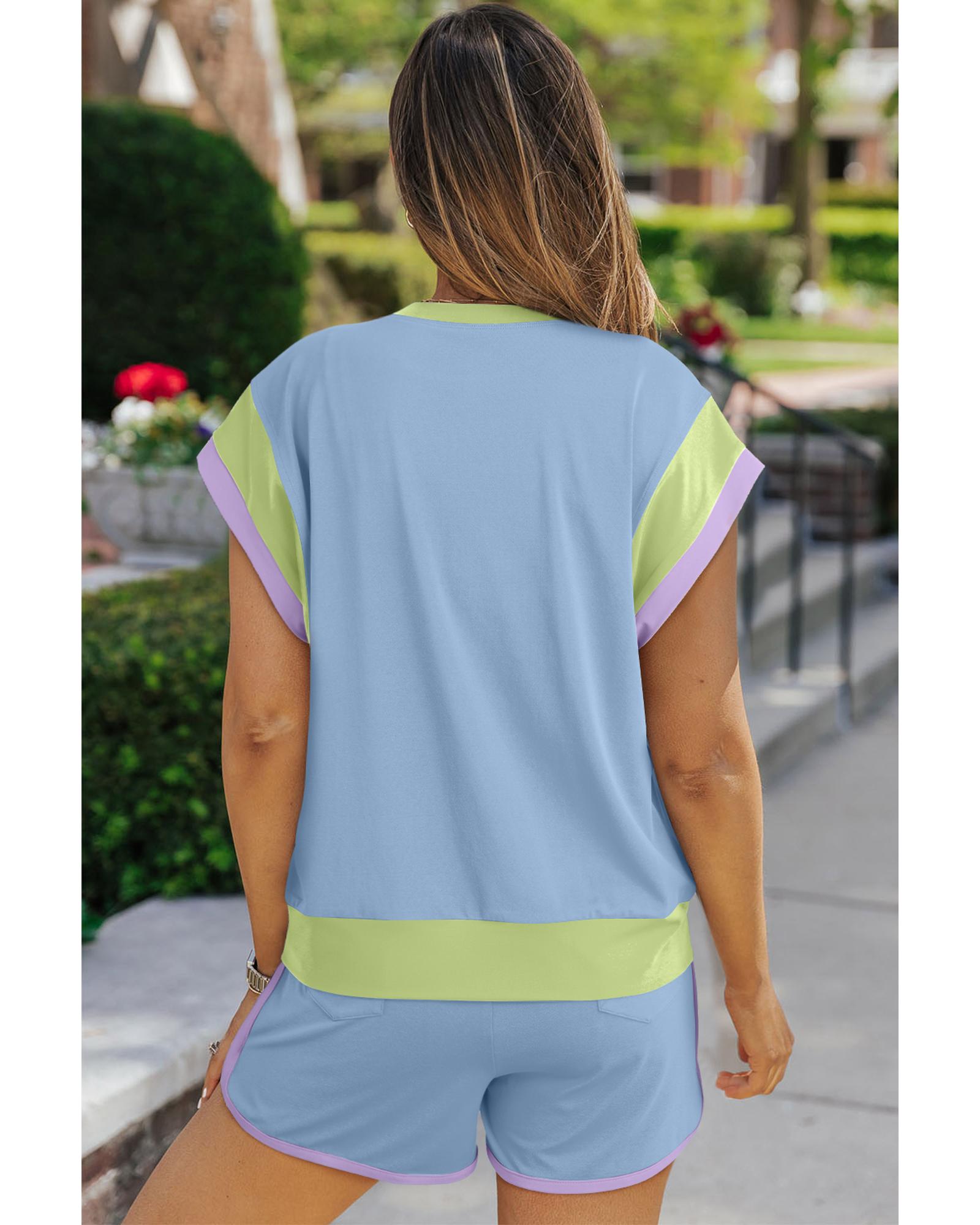 Blue Contrast Trim Cap Sleeve Tee Shorts Set - L