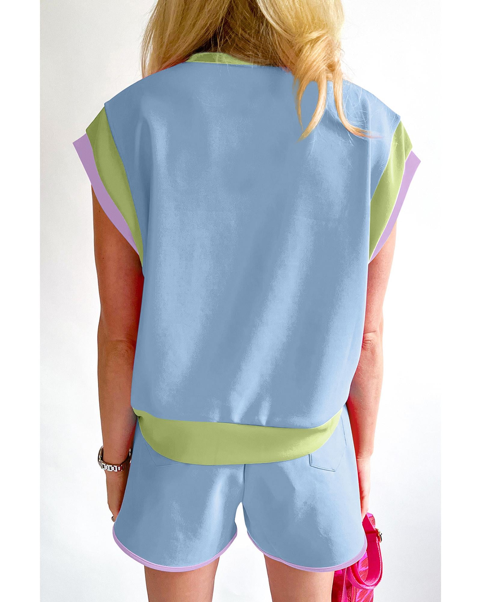 Blue Contrast Trim Cap Sleeve Tee Shorts Set - L