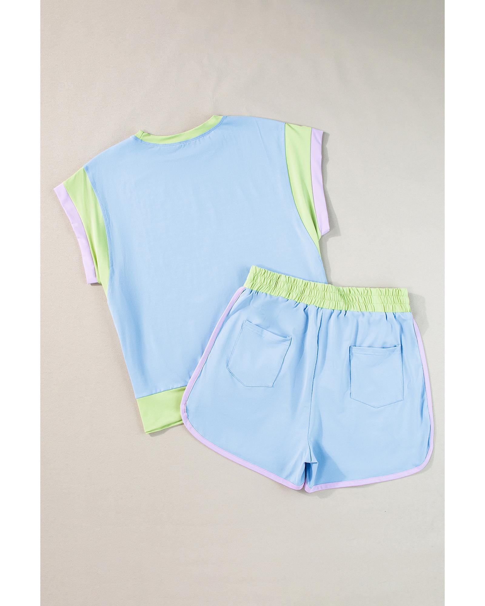 Blue Contrast Trim Cap Sleeve Tee Shorts Set - M 6