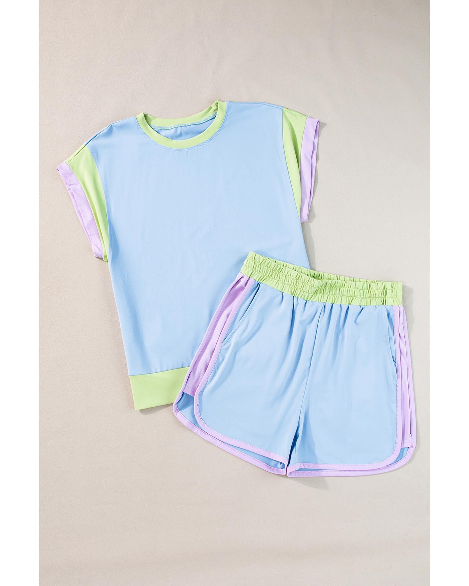 Blue Contrast Trim Cap Sleeve Tee Shorts Set - M 8