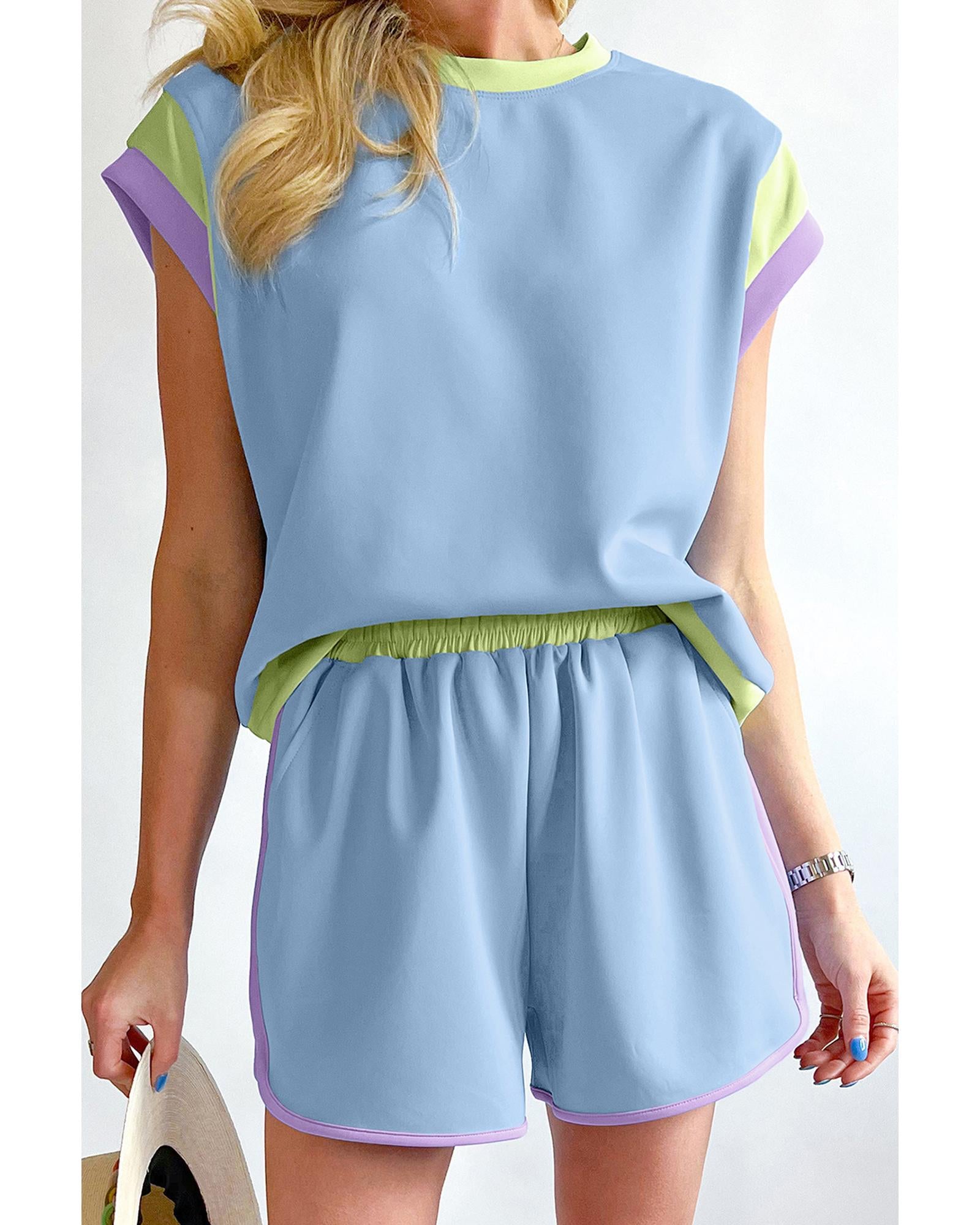 Blue Contrast Trim Cap Sleeve Tee Shorts Set - S 4