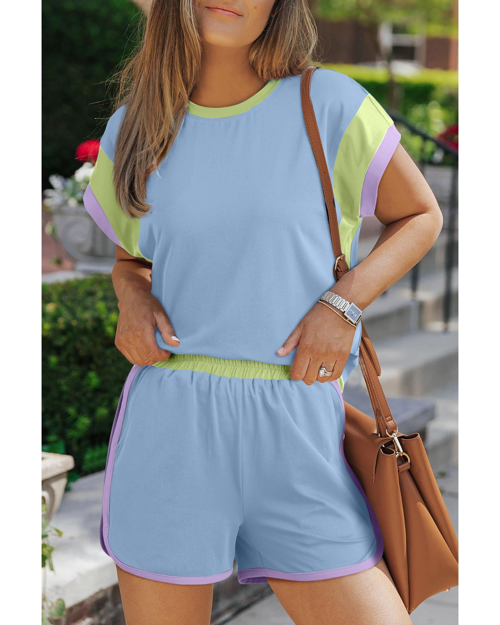 Blue Contrast Trim Cap Sleeve Tee Shorts Set - XL
