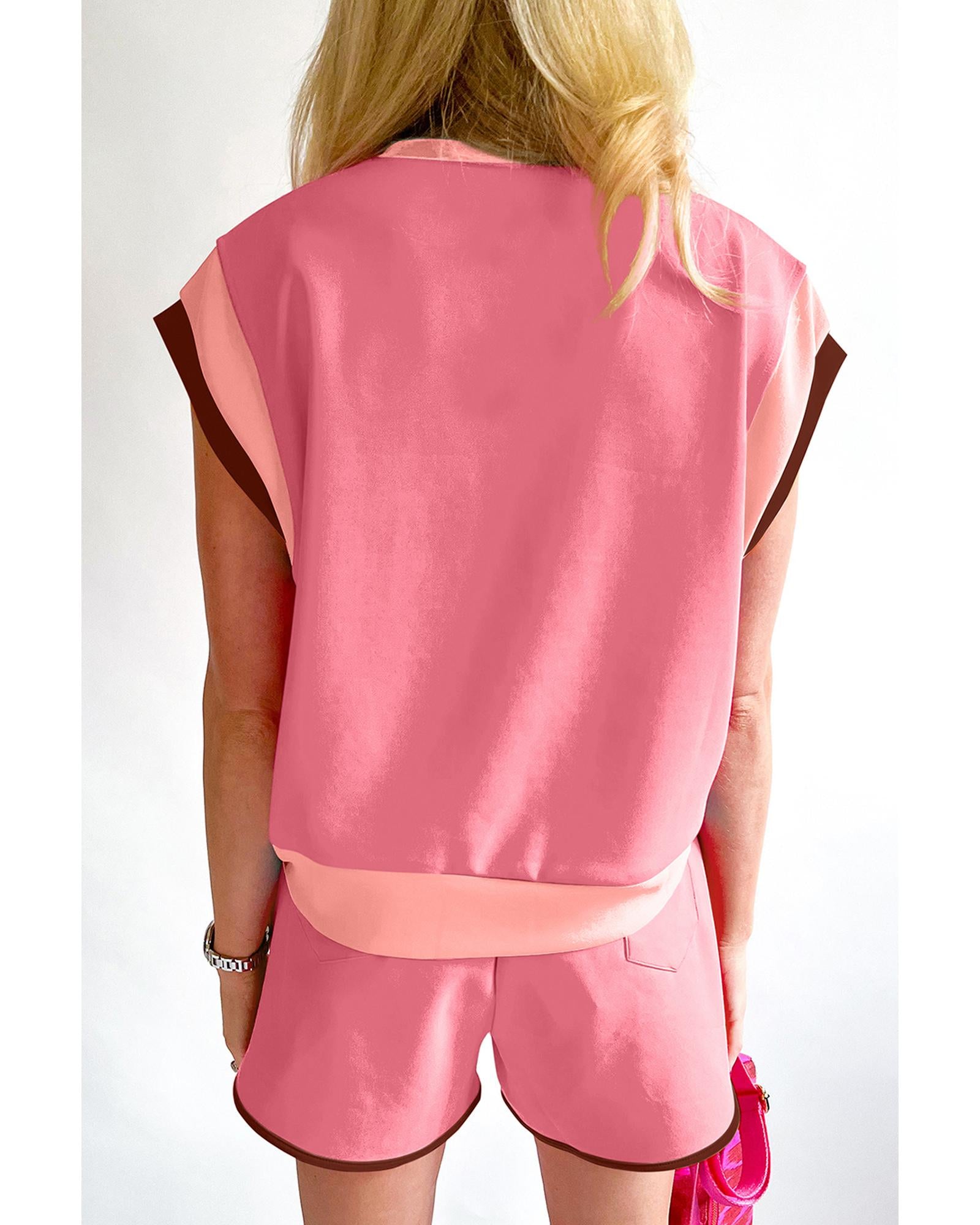 Peach Blossom Contrast Trim Cap Sleeve Tee Shorts Set - L 3