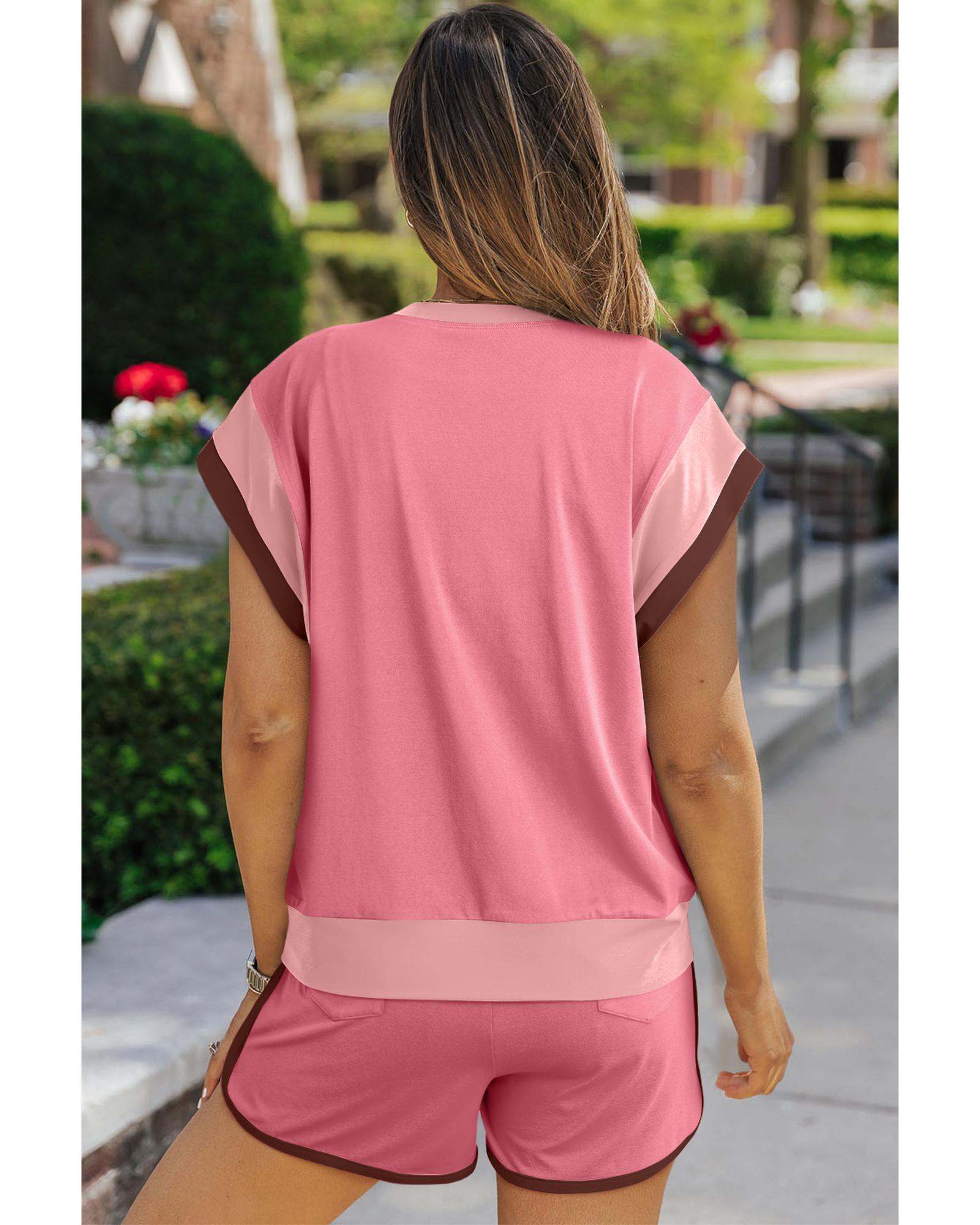 Peach Blossom Contrast Trim Cap Sleeve Tee Shorts Set - M