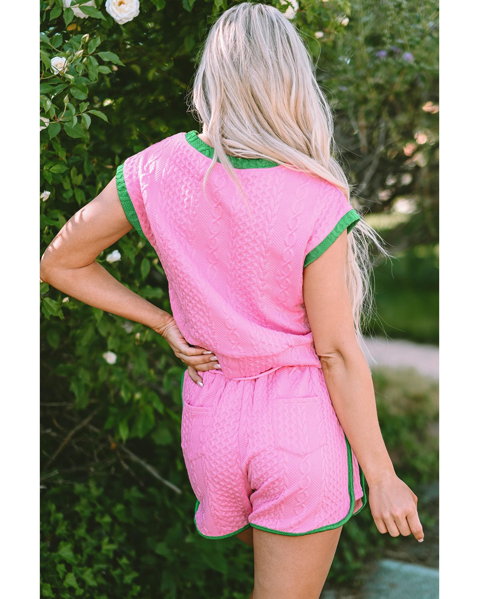 Pink Contrast Trim Cable Textured Shorts Set - L