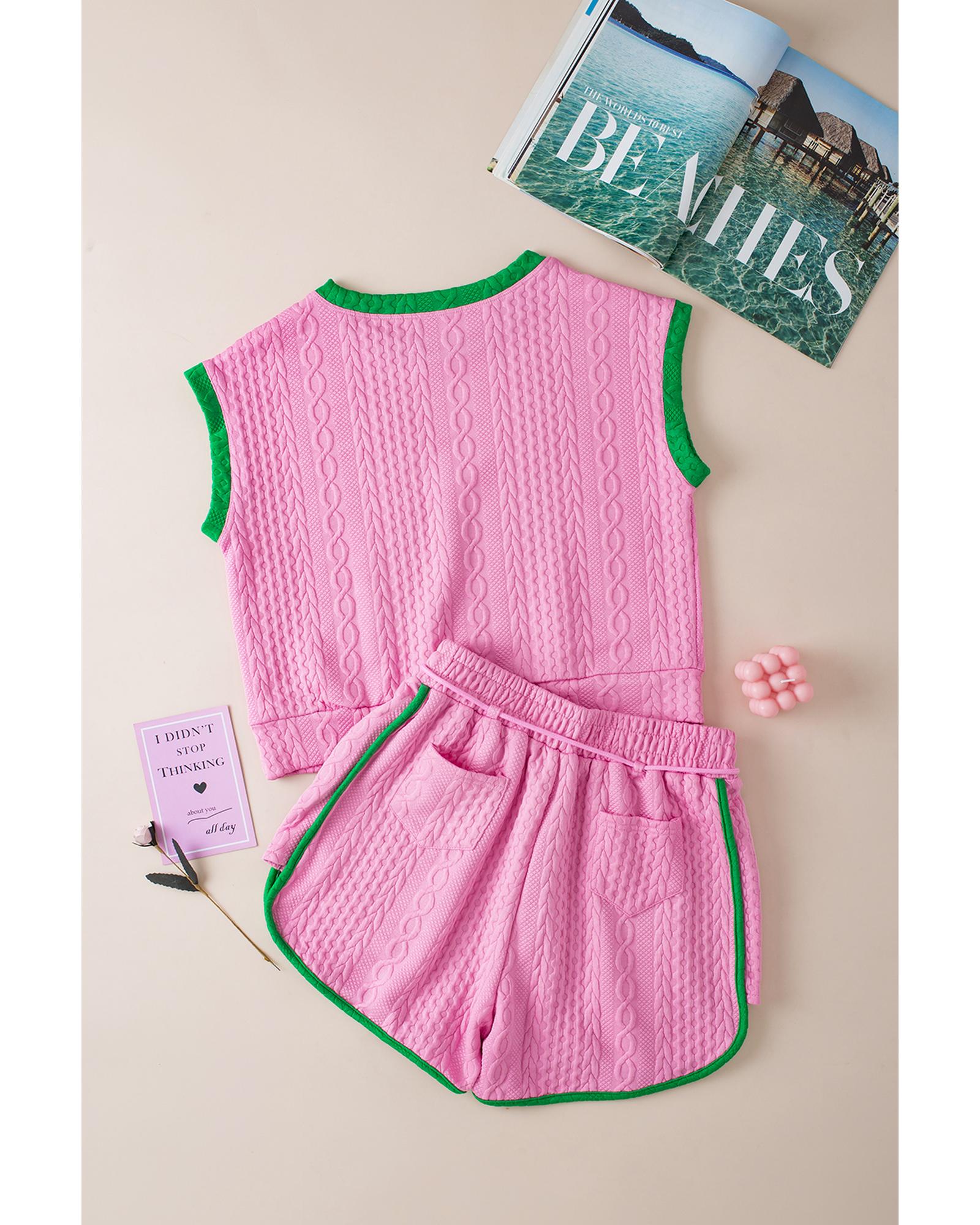 Pink Contrast Trim Cable Textured Shorts Set - L 4