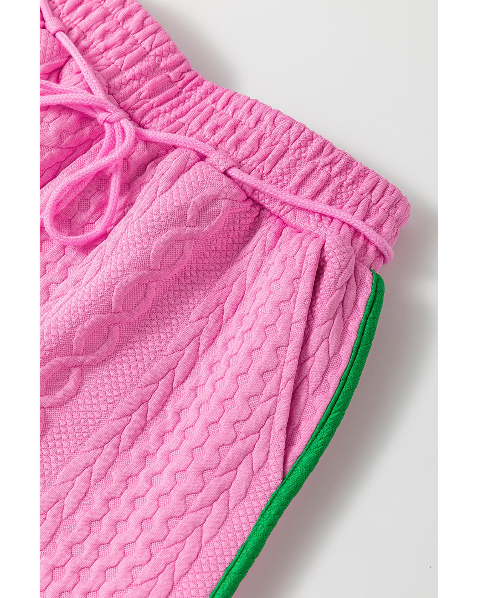 Pink Contrast Trim Cable Textured Shorts Set - L 5