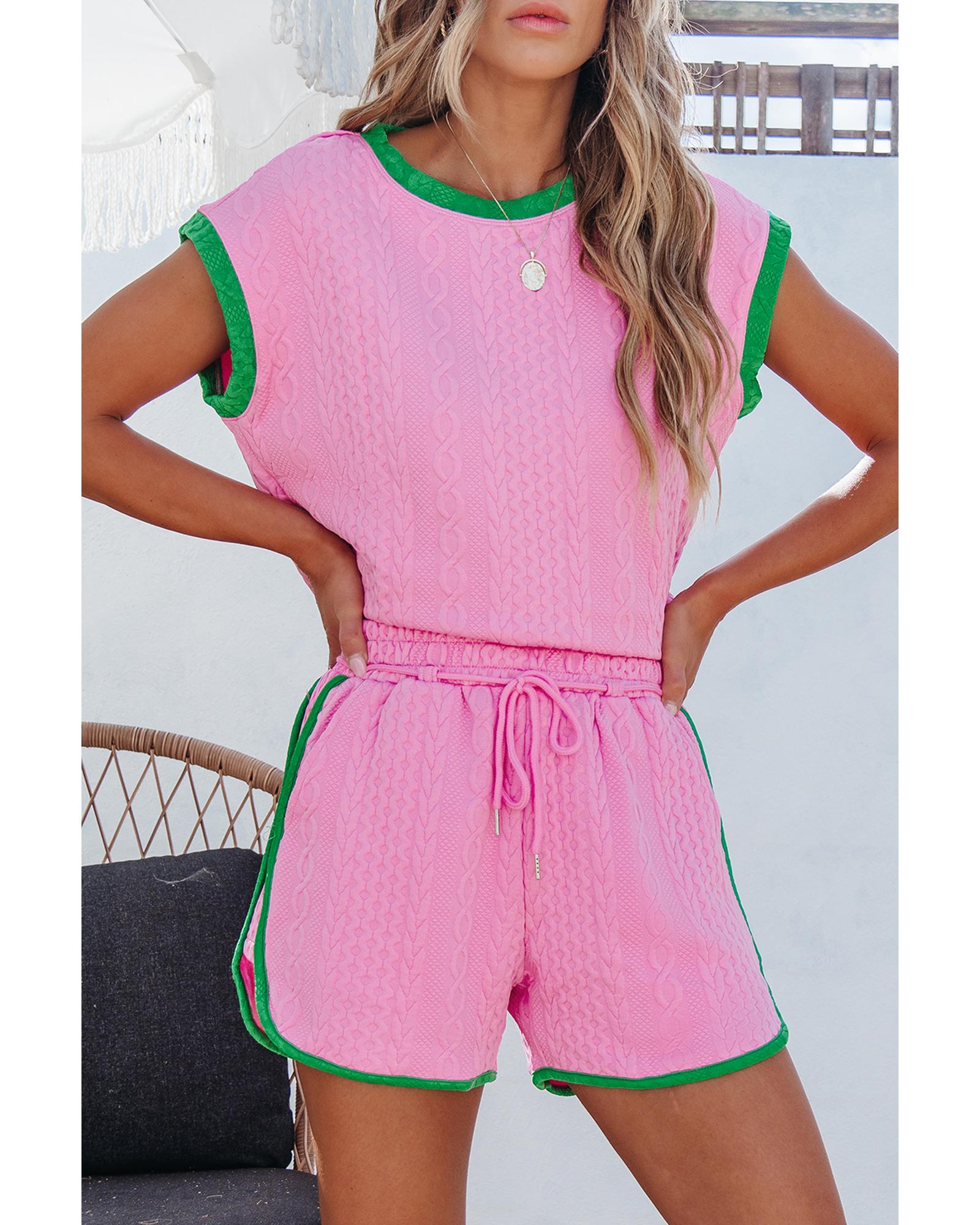 Pink Contrast Trim Cable Textured Shorts Set - L 6