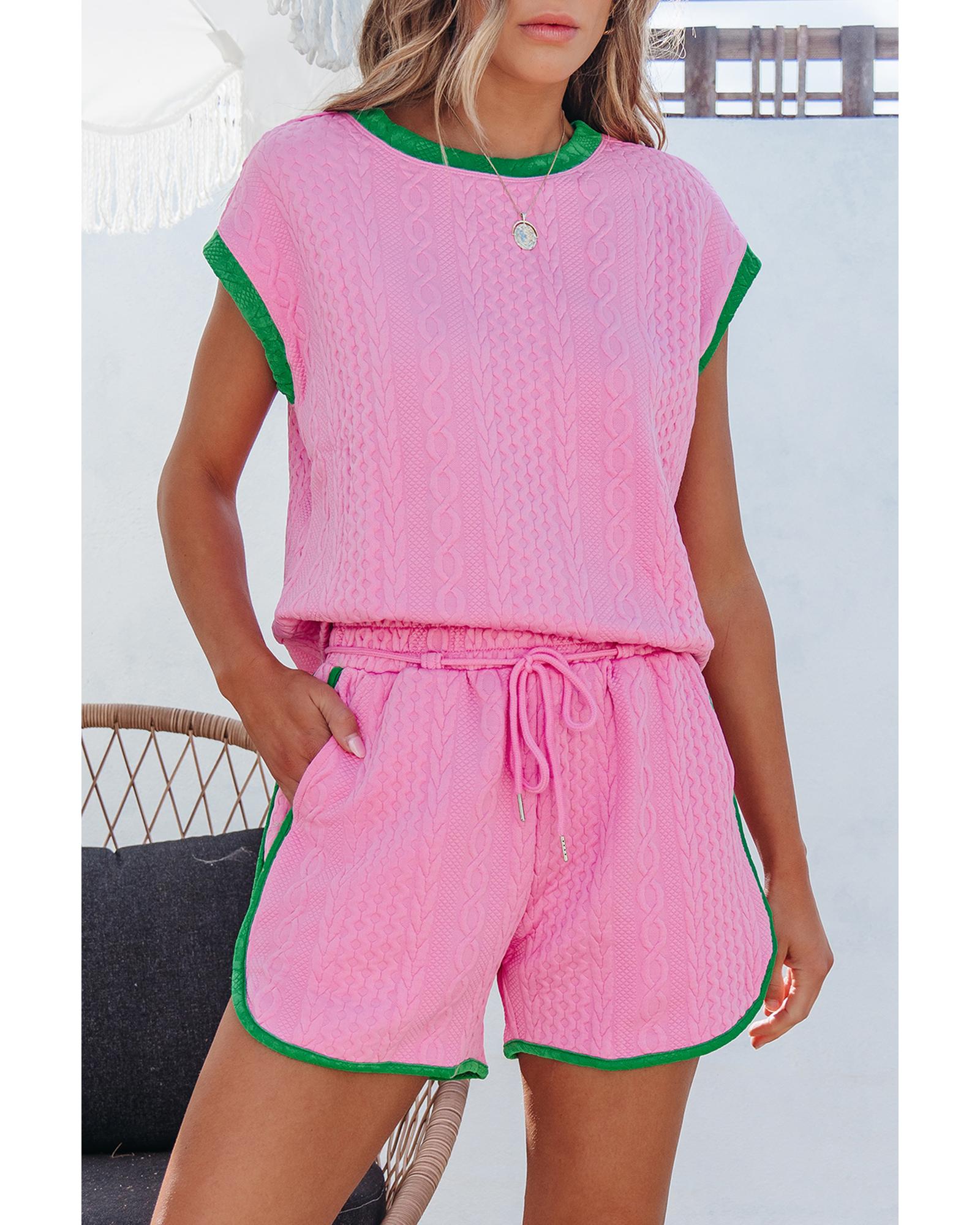 Pink Contrast Trim Cable Textured Shorts Set - L 7