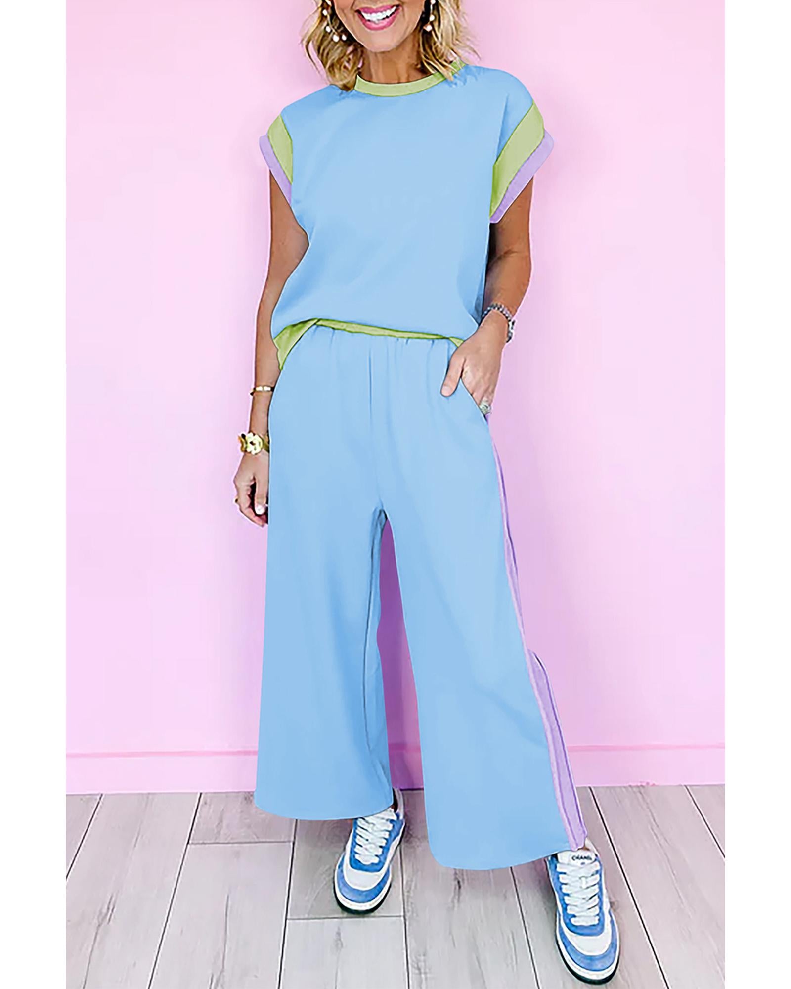 Sky Blue Color Block Detail Casual Two-piece Outfit - M 4