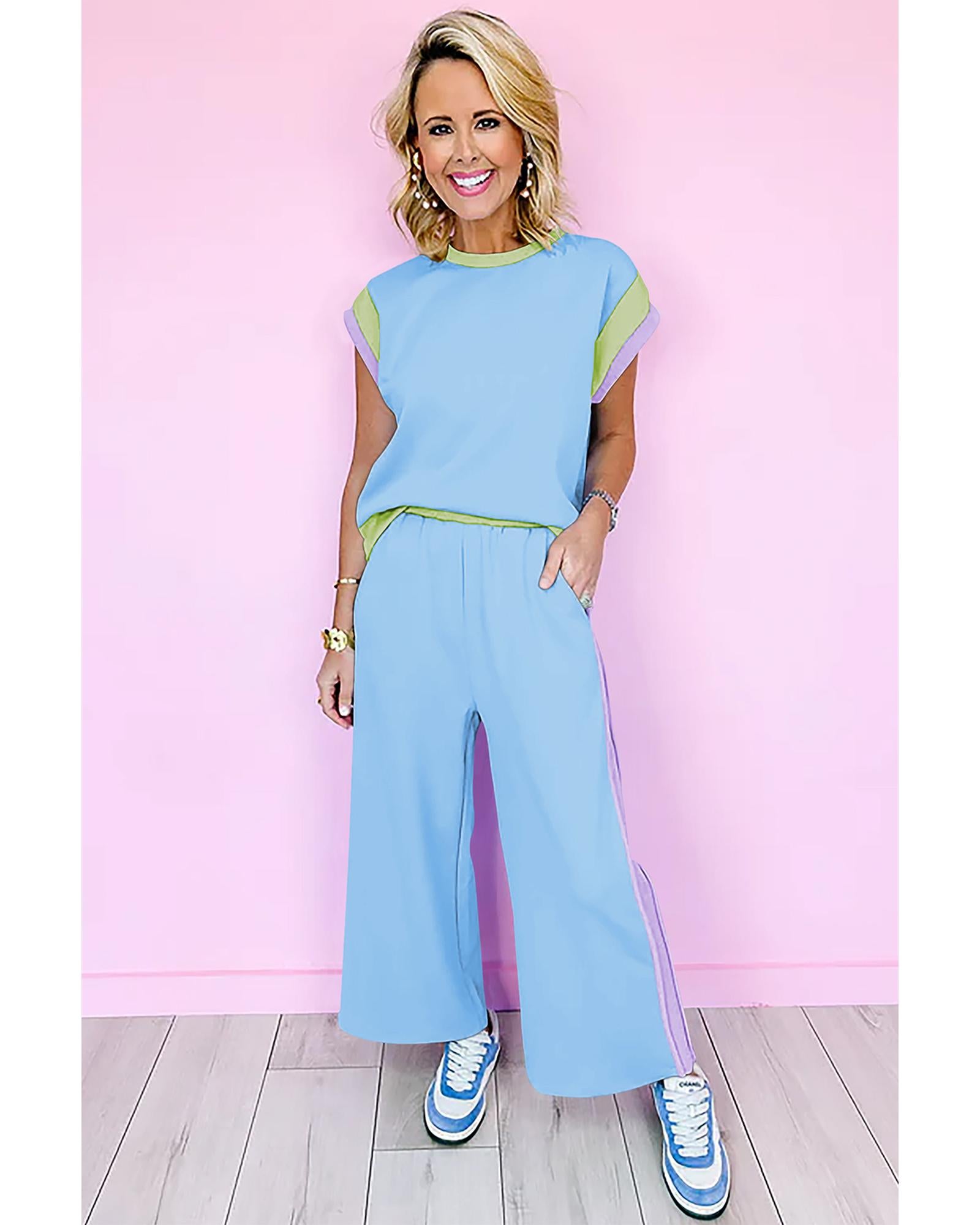 Sky Blue Color Block Detail Casual Two-piece Outfit - XL