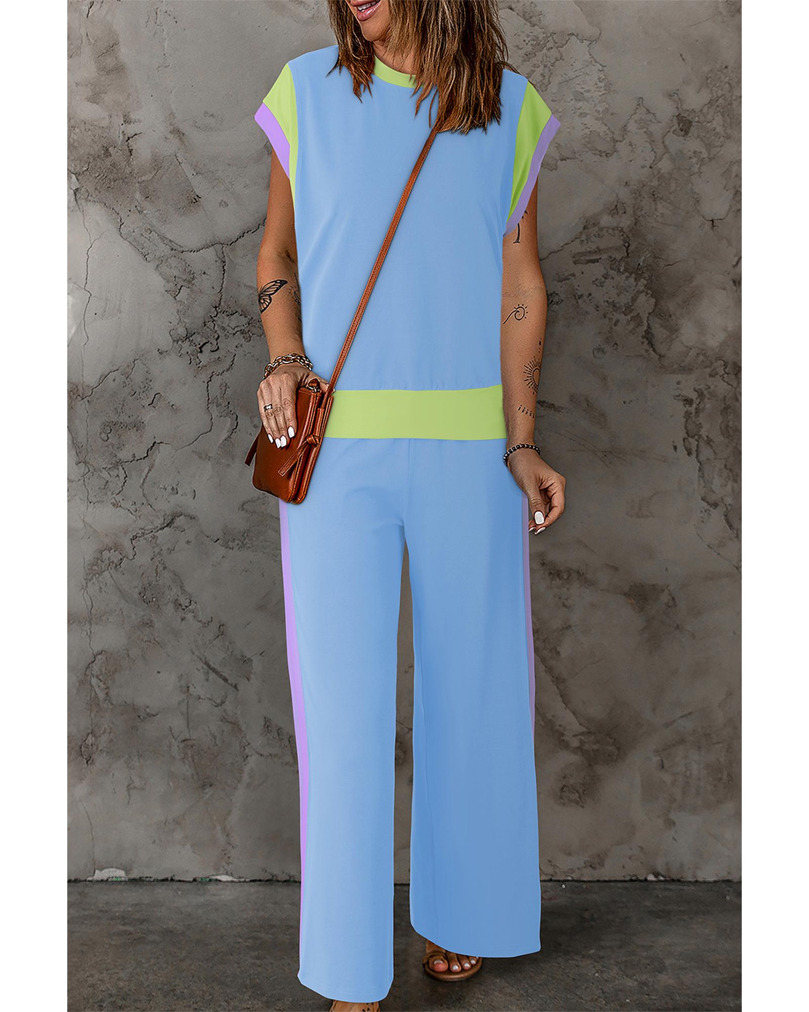 Sky Blue Color Block Detail Casual Two-piece Outfit - XL 7