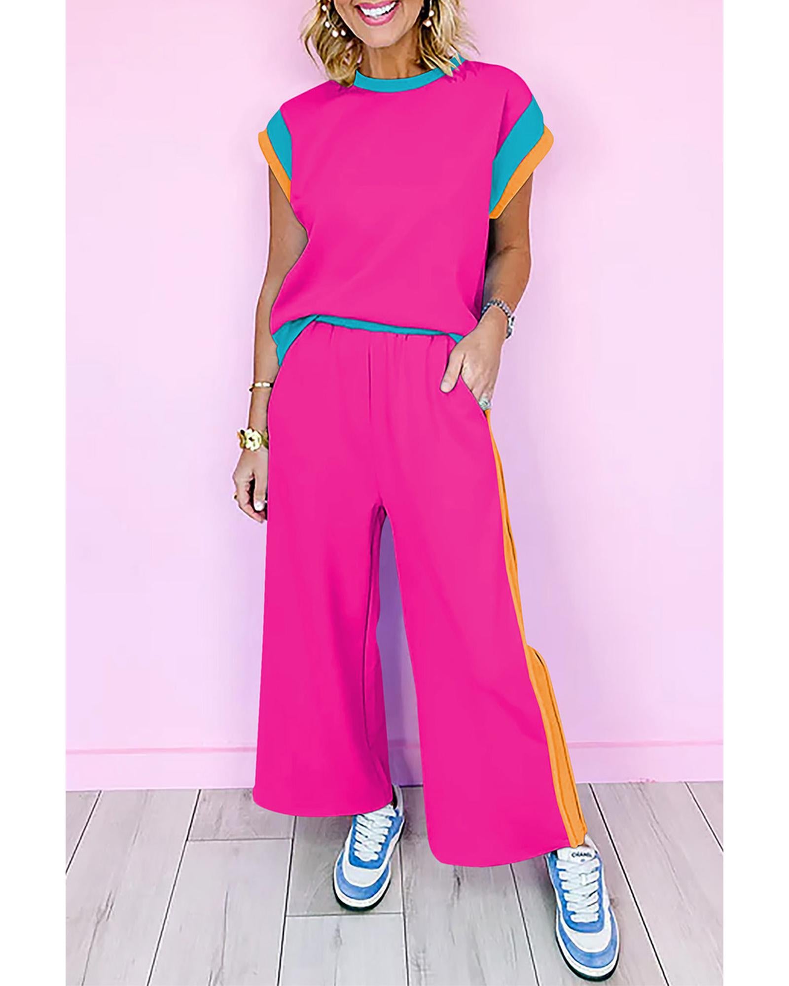 Strawberry Pink Color Block Detail Casual Two-piece Set - L 5