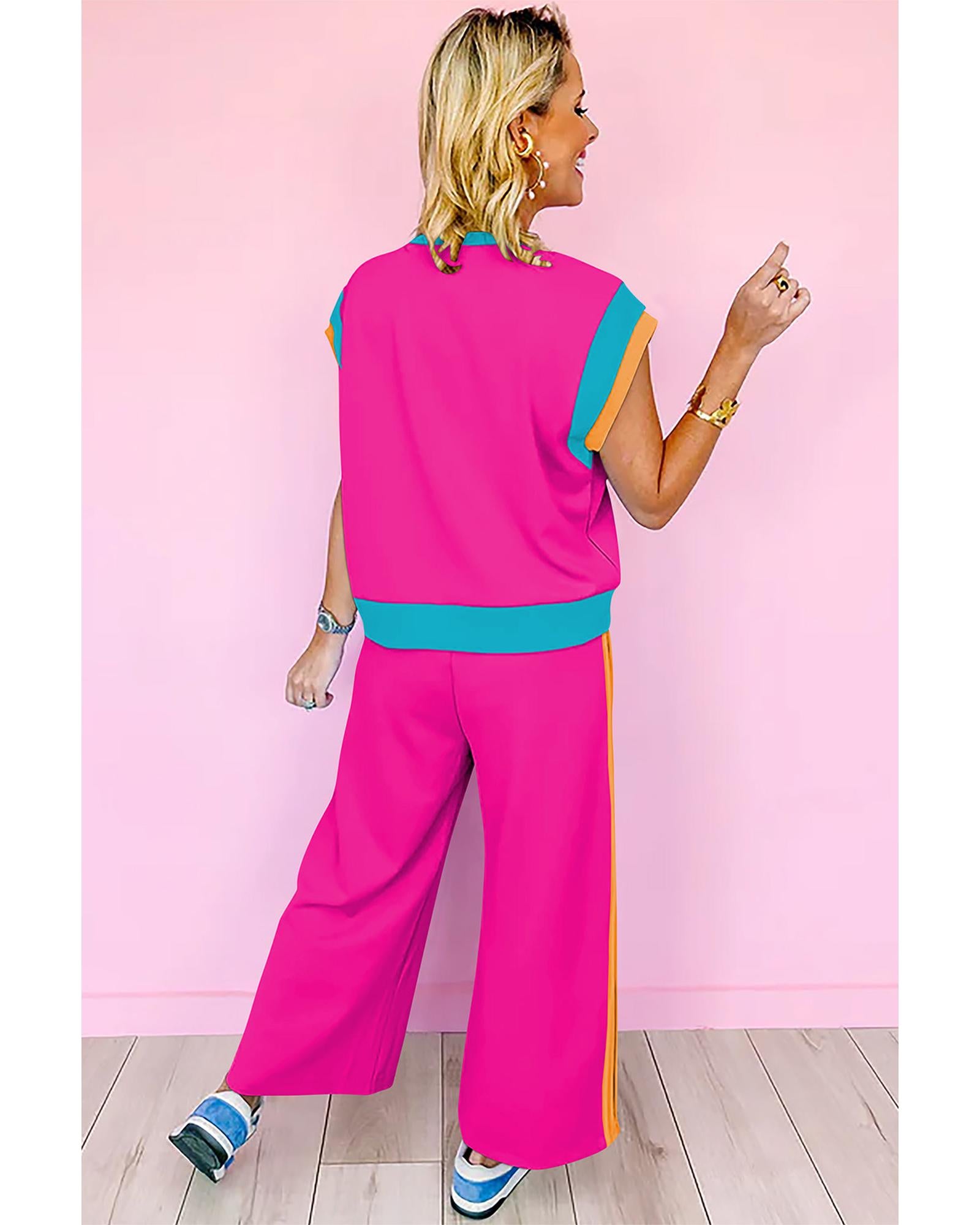 Strawberry Pink Color Block Detail Casual Two-piece Set - M