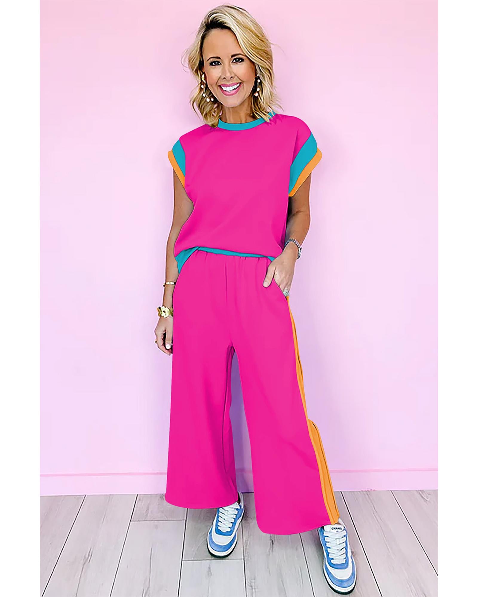Strawberry Pink Color Block Detail Casual Two-piece Set - S 3