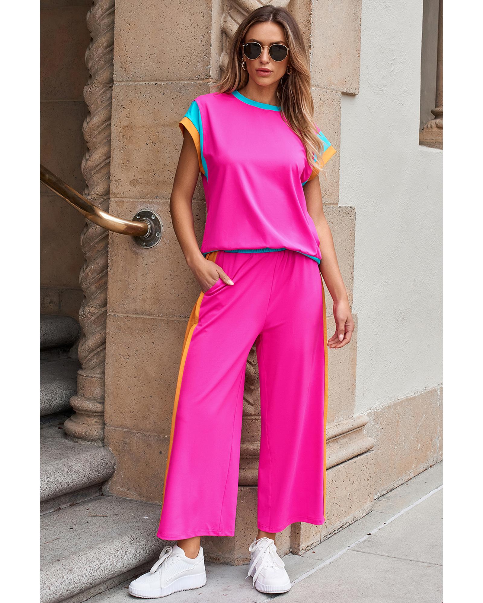 Strawberry Pink Color Block Detail Casual Two-piece Set - S 4