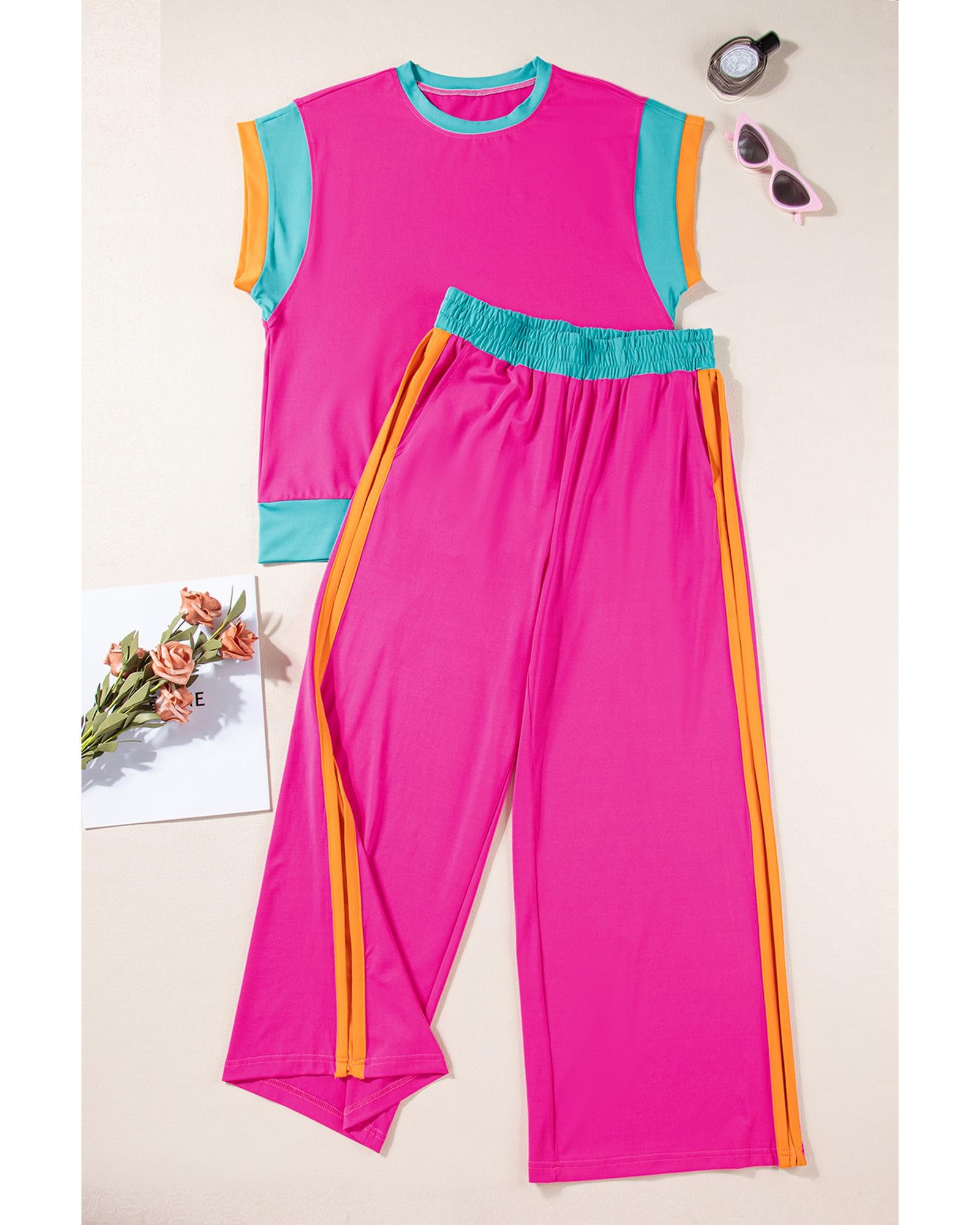Strawberry Pink Color Block Detail Casual Two-piece Set - S 6