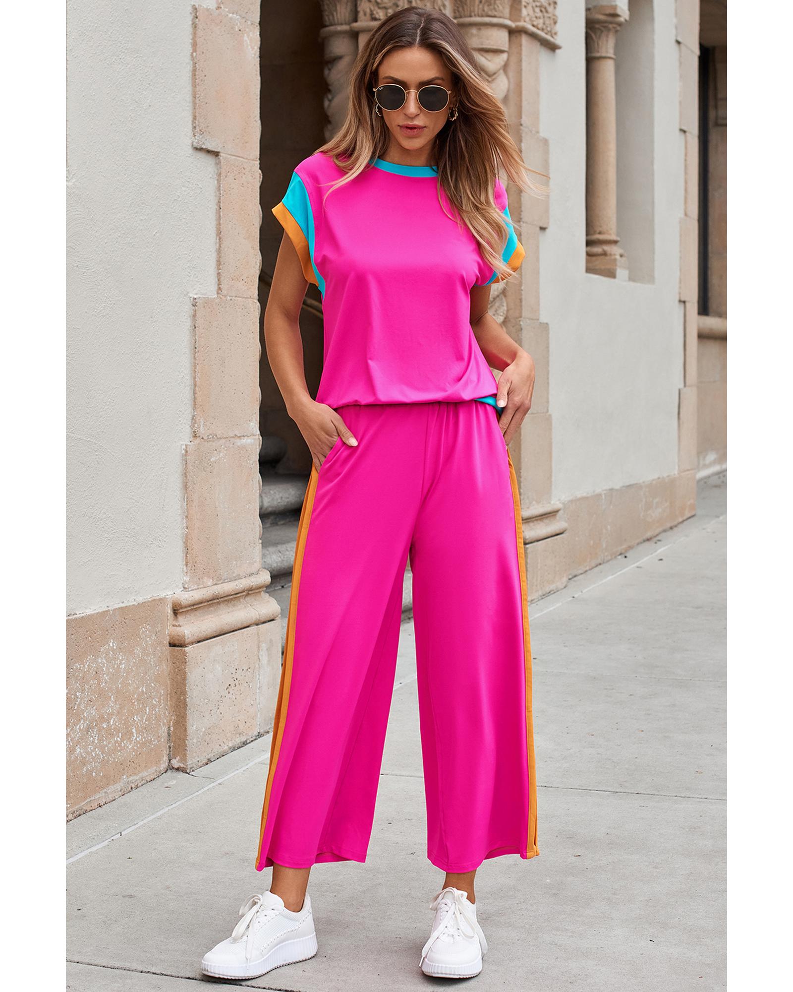 Strawberry Pink Color Block Detail Casual Two-piece Set - XL 6