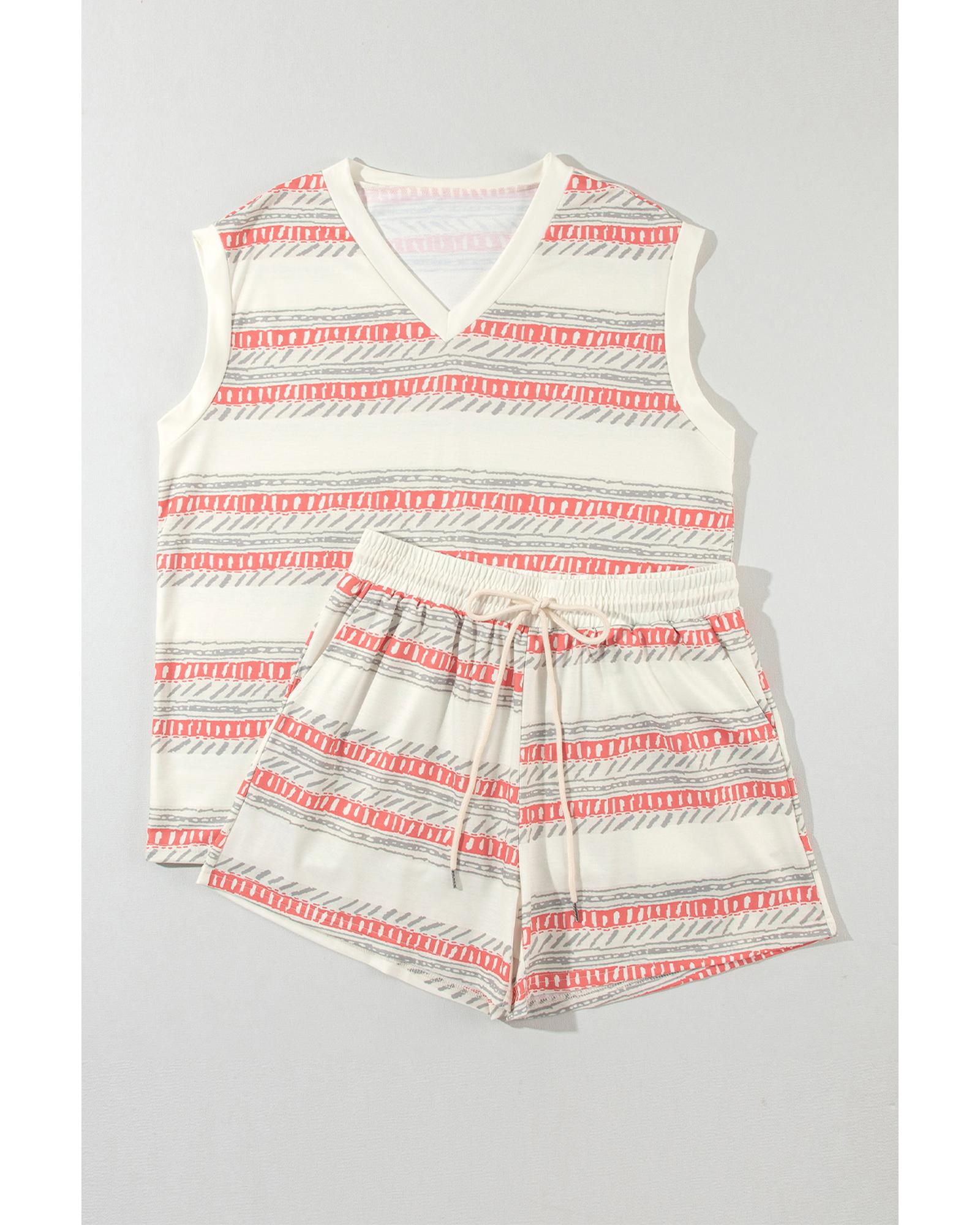 Beige Western Striped Print Casual Tank 2pcs Outfit - XL 3