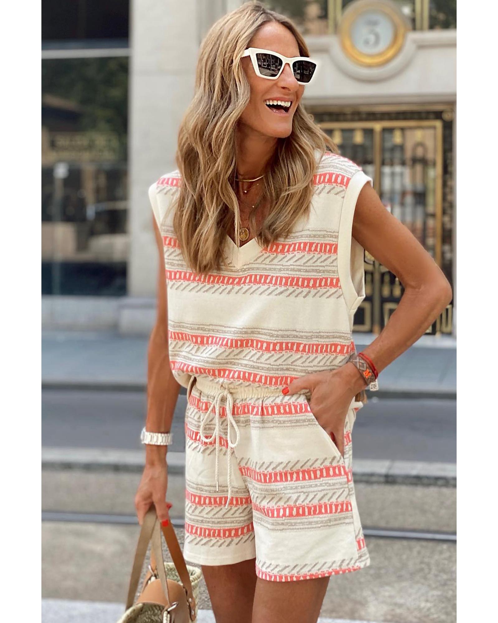 Beige Western Striped Print Casual Tank 2pcs Outfit - XL 4