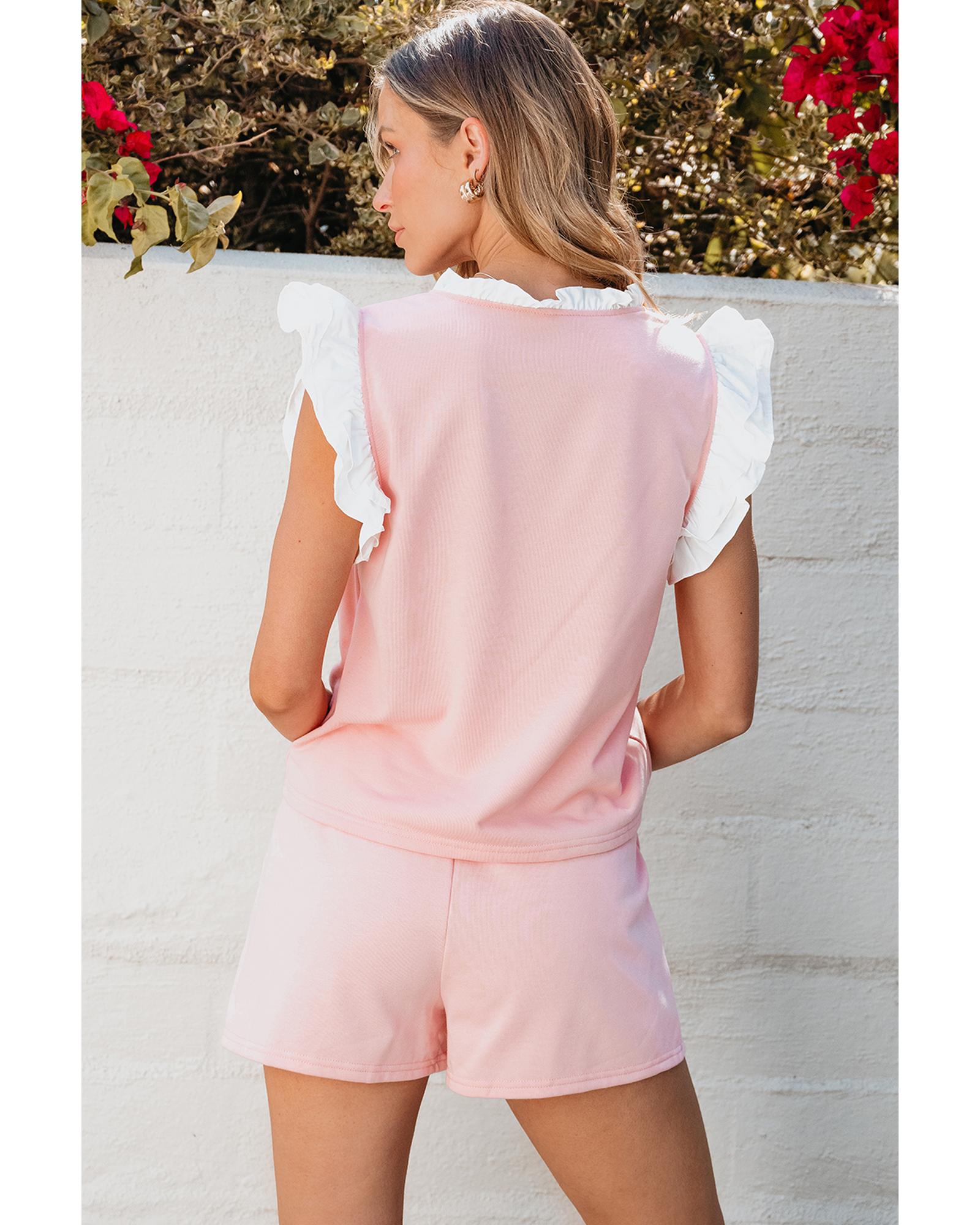 Light Pink Contrast Trim Ruffled Top and Drawstring Shorts Set - XL