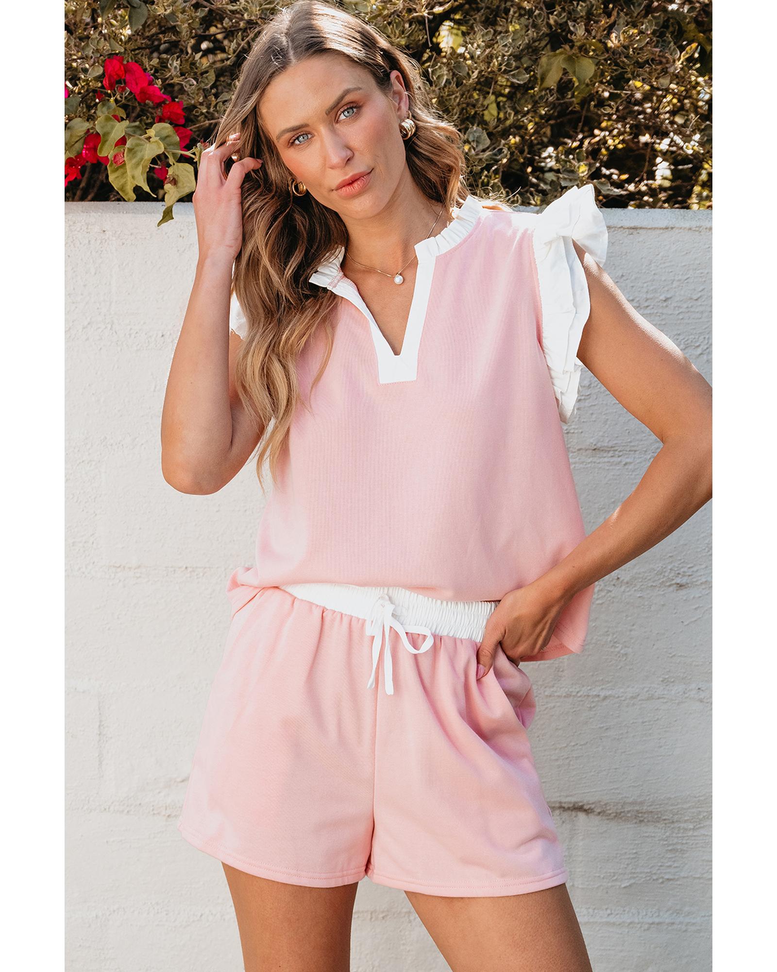 Light Pink Contrast Trim Ruffled Top and Drawstring Shorts Set - XL 3