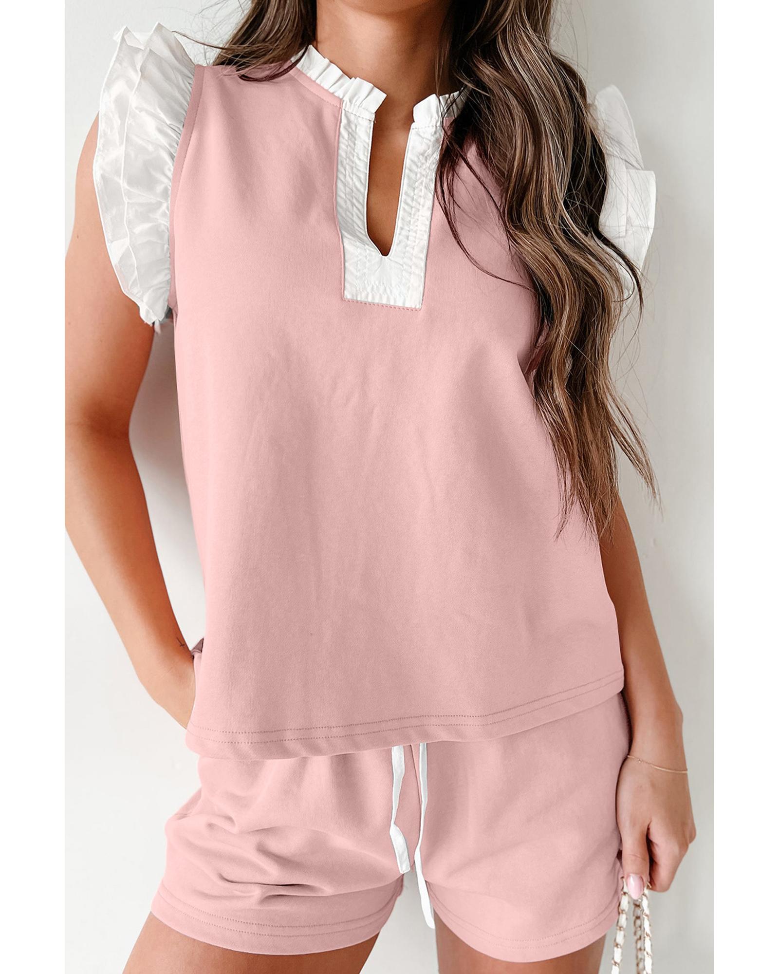 Light Pink Contrast Trim Ruffled Top and Drawstring Shorts Set - XL 6