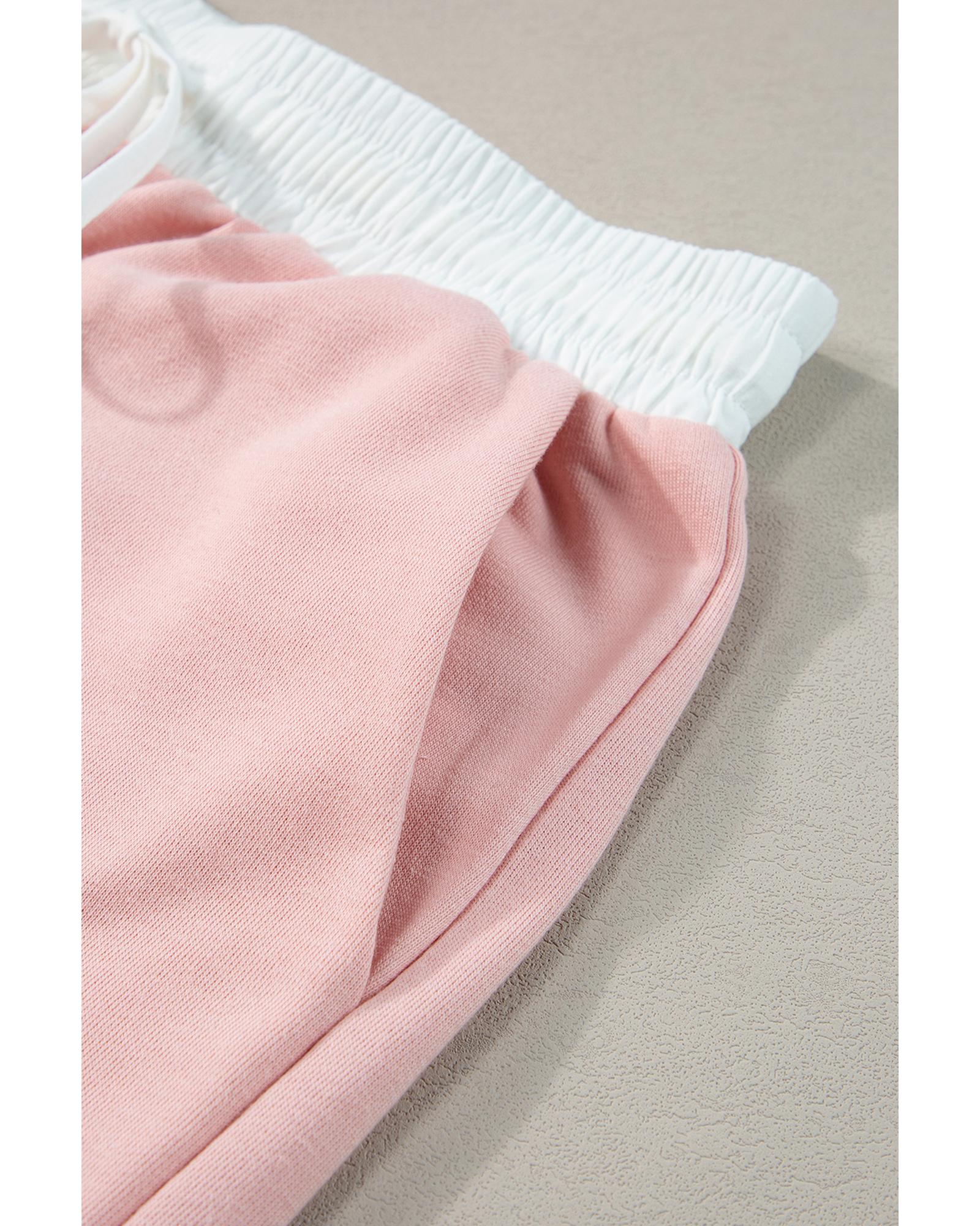 Light Pink Contrast Trim Ruffled Top and Drawstring Shorts Set - XL 7
