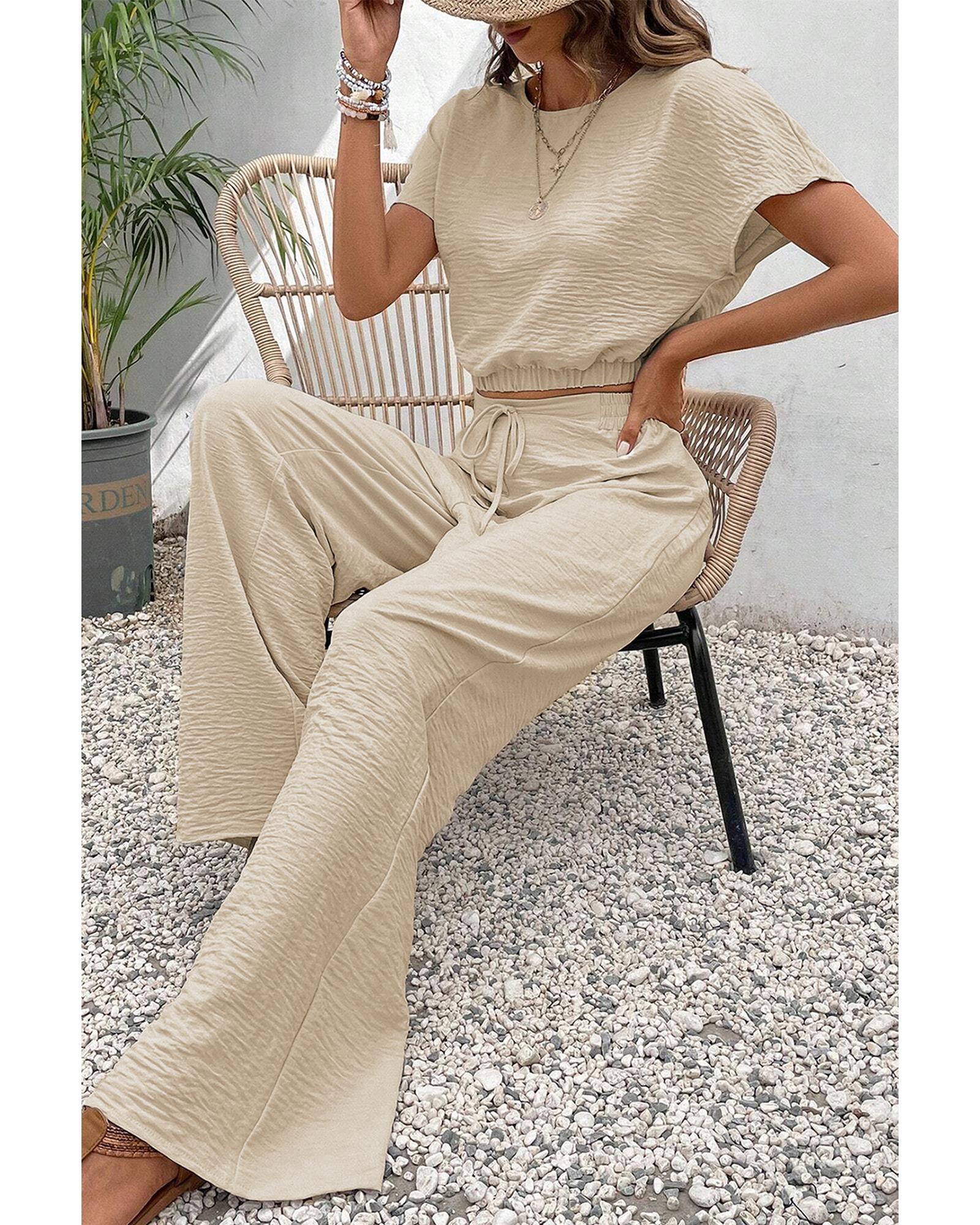 Beige Crinkled Elastic Hem Crop Tee and Wide Leg Pants Set - L