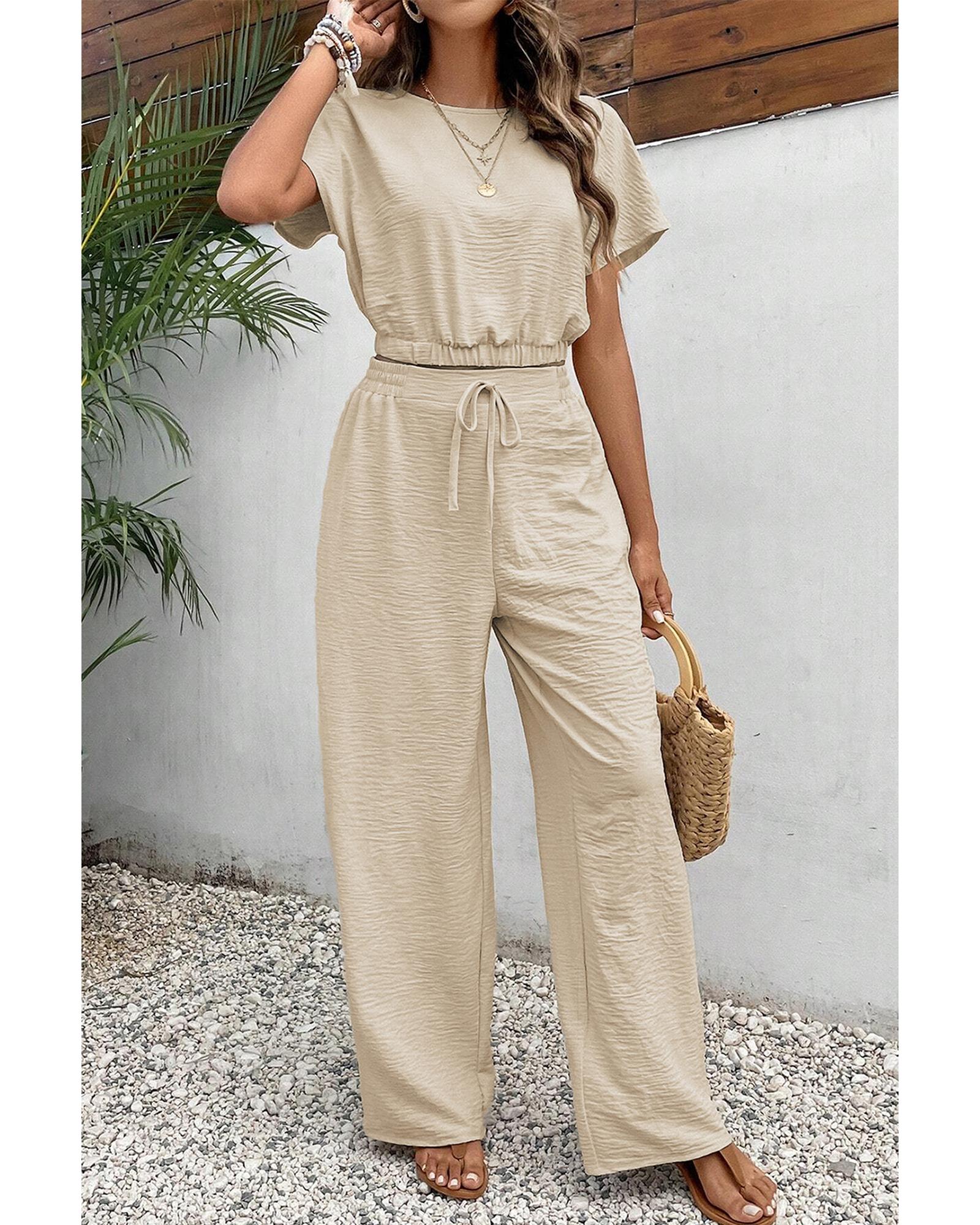 Beige Crinkled Elastic Hem Crop Tee and Wide Leg Pants Set - L 6