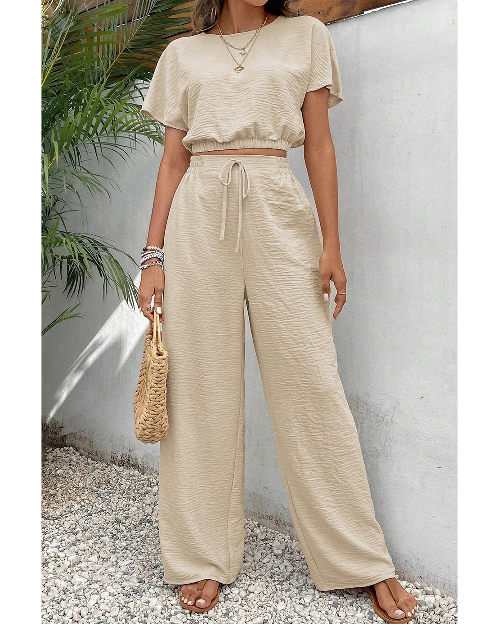 Beige Crinkled Elastic Hem Crop Tee and Wide Leg Pants Set - L 7