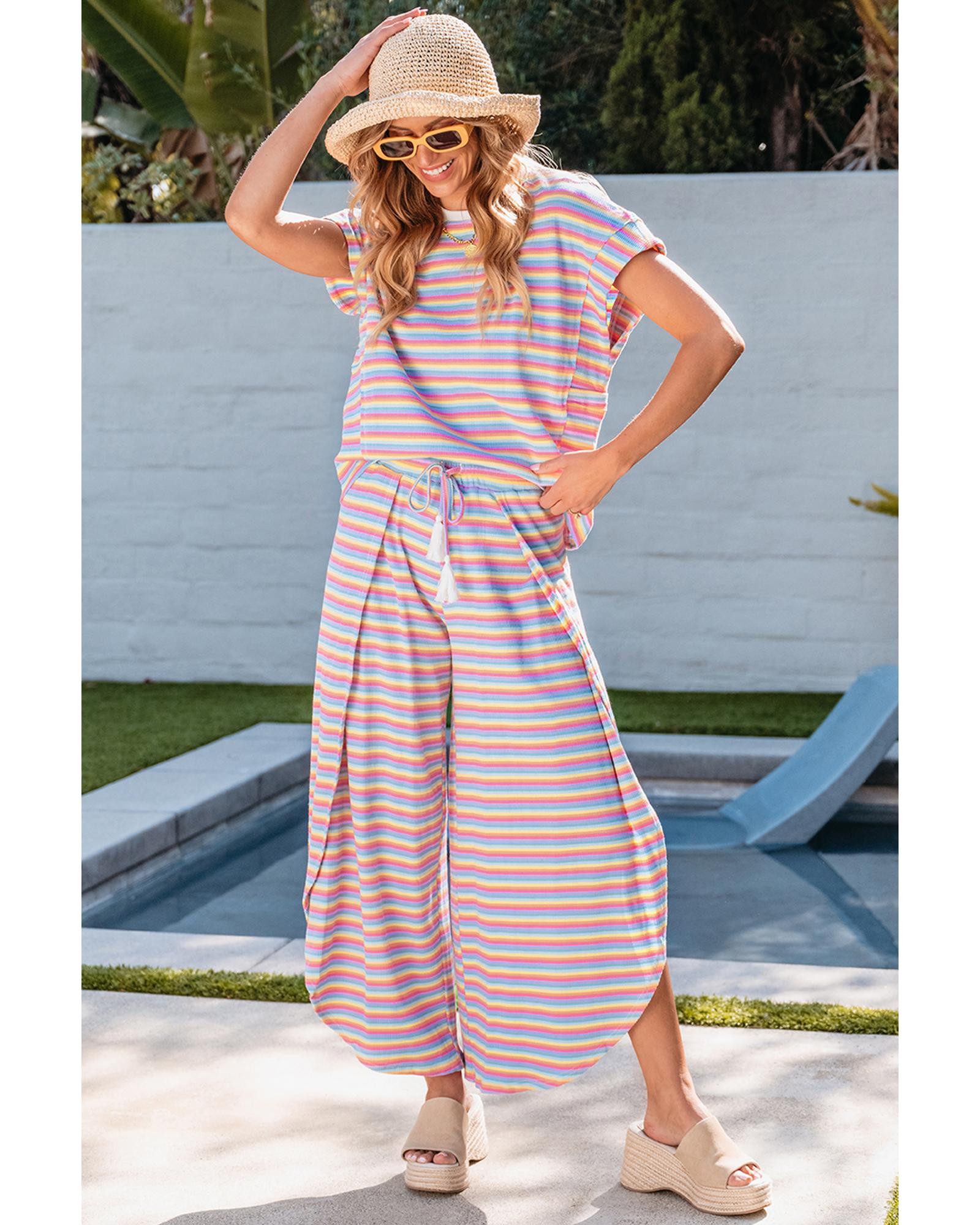 Pink Stripe Rainbow Tee Tasseled String Wide Leg Pants Set - M 3