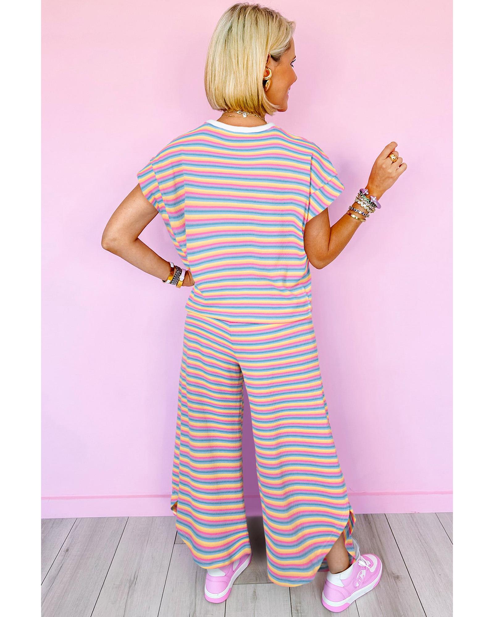Pink Stripe Rainbow Tee Tasseled String Wide Leg Pants Set - M 7