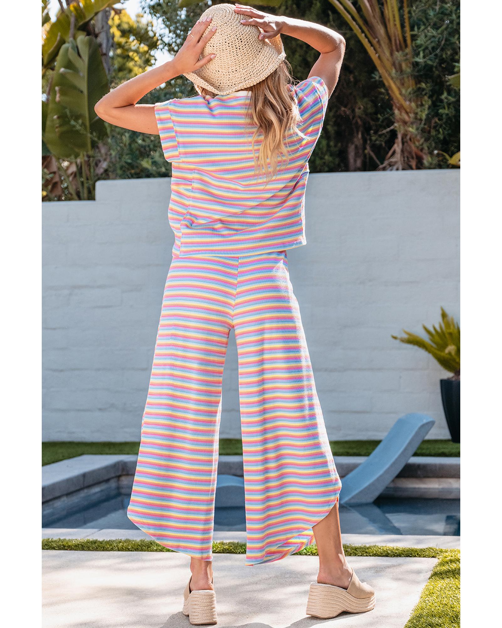 Pink Stripe Rainbow Tee Tasseled String Wide Leg Pants Set - S 4