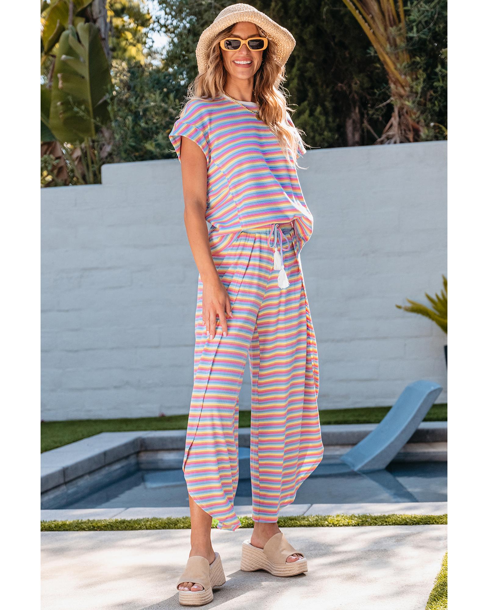 Pink Stripe Rainbow Tee Tasseled String Wide Leg Pants Set - S 5