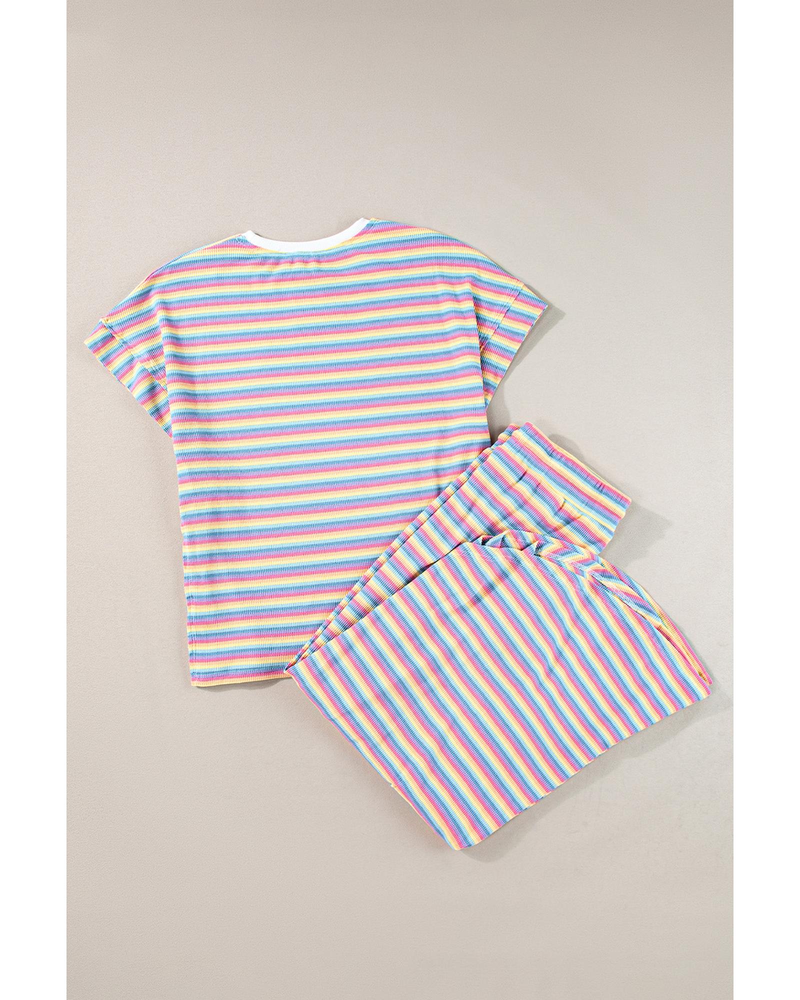 Pink Stripe Rainbow Tee Tasseled String Wide Leg Pants Set - S 6