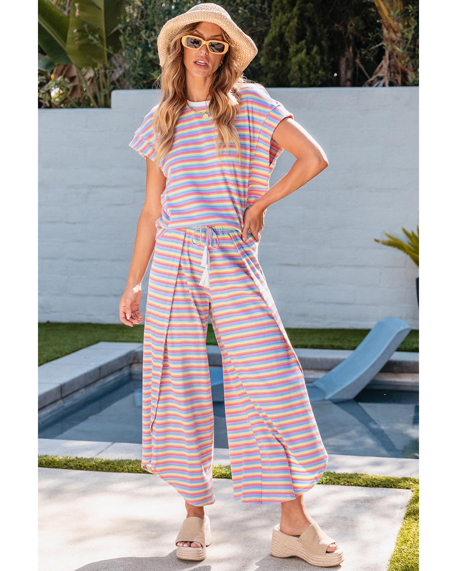 Pink Stripe Rainbow Tee Tasseled String Wide Leg Pants Set - XL