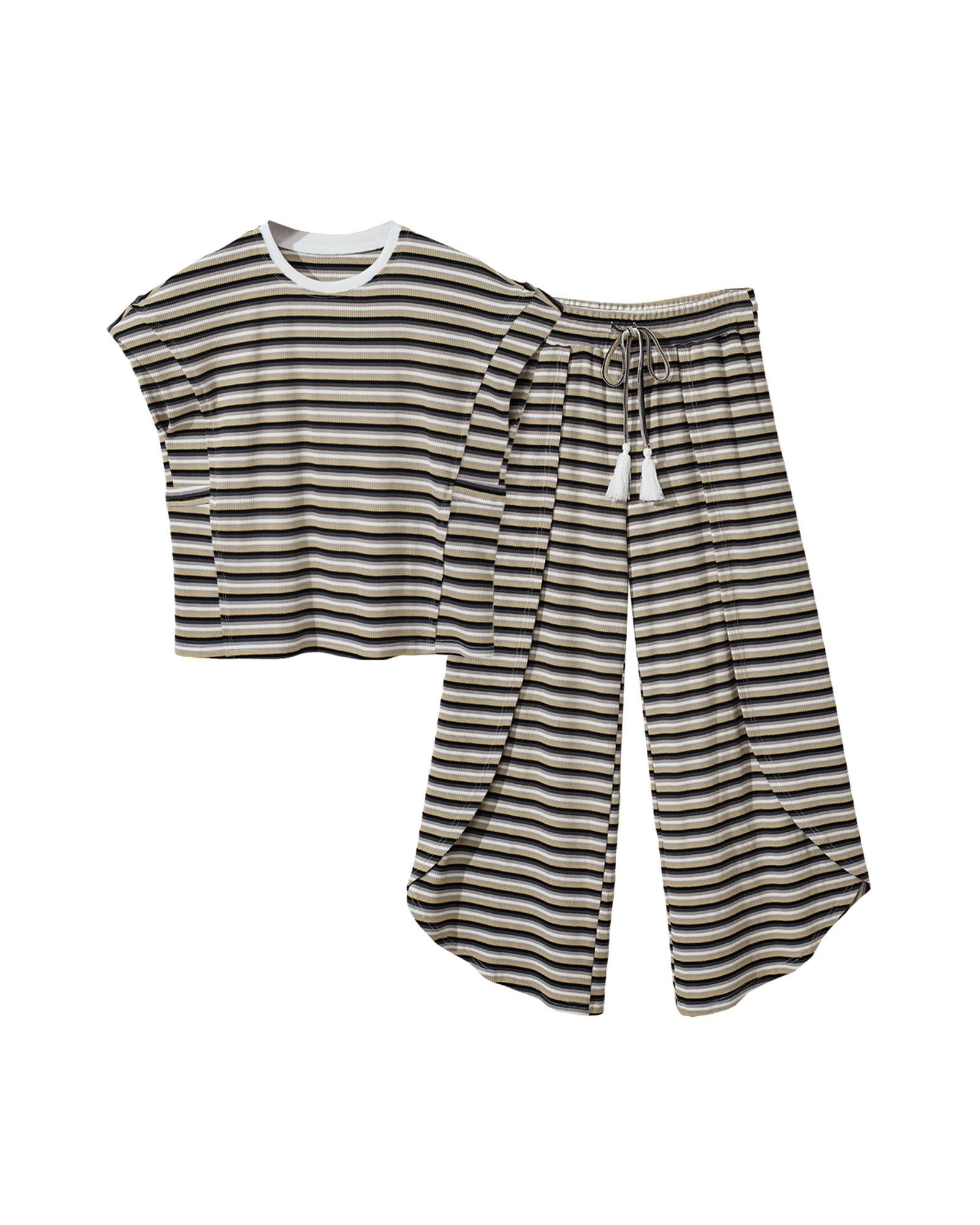 Black Stripe Rainbow Tee Tasseled String Wide Leg Pants Set - 2XL 7