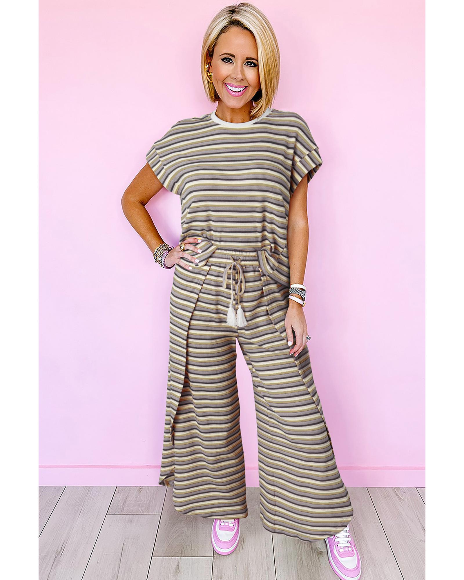 Black Stripe Rainbow Tee Tasseled String Wide Leg Pants Set - L
