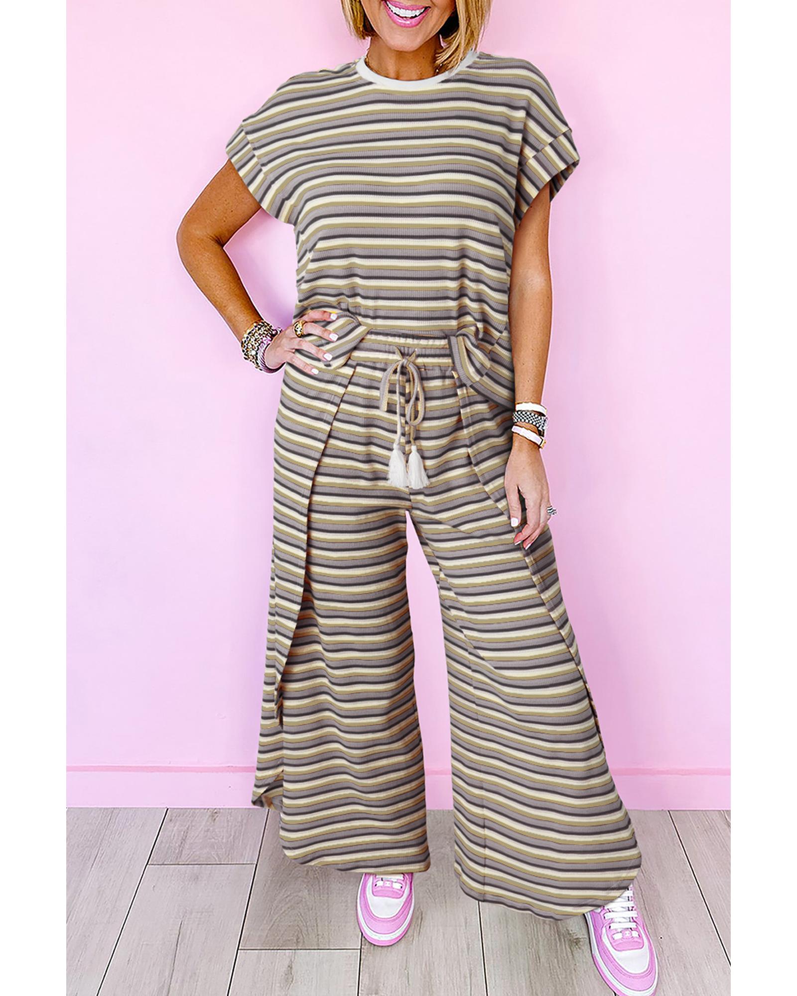 Black Stripe Rainbow Tee Tasseled String Wide Leg Pants Set - L 3