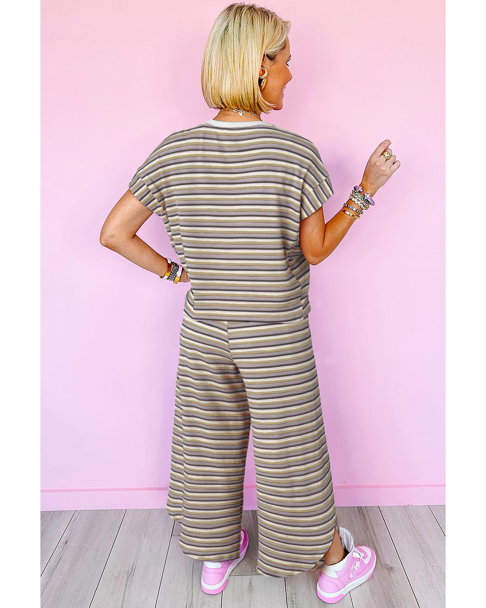 Black Stripe Rainbow Tee Tasseled String Wide Leg Pants Set - M
