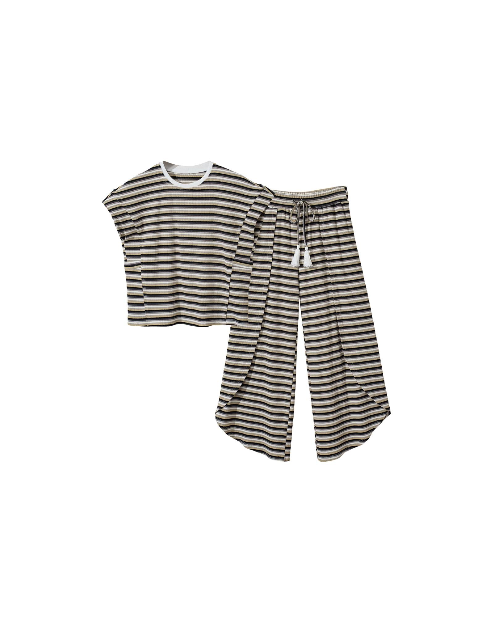 Black Stripe Rainbow Tee Tasseled String Wide Leg Pants Set - XL 6
