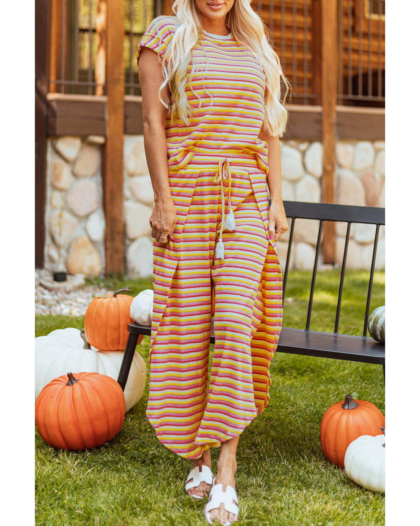 Yellow Stripe Rainbow Tee Tasseled String Wide Leg Pants Set - 2XL 3