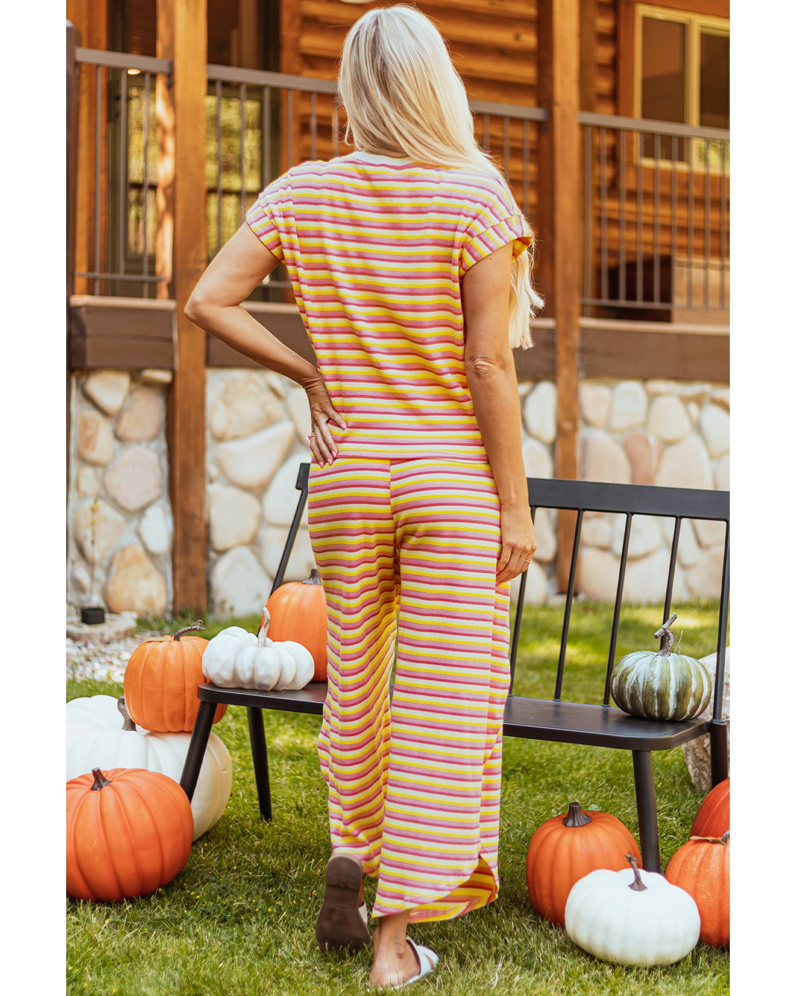 Yellow Stripe Rainbow Tee Tasseled String Wide Leg Pants Set - 2XL 4