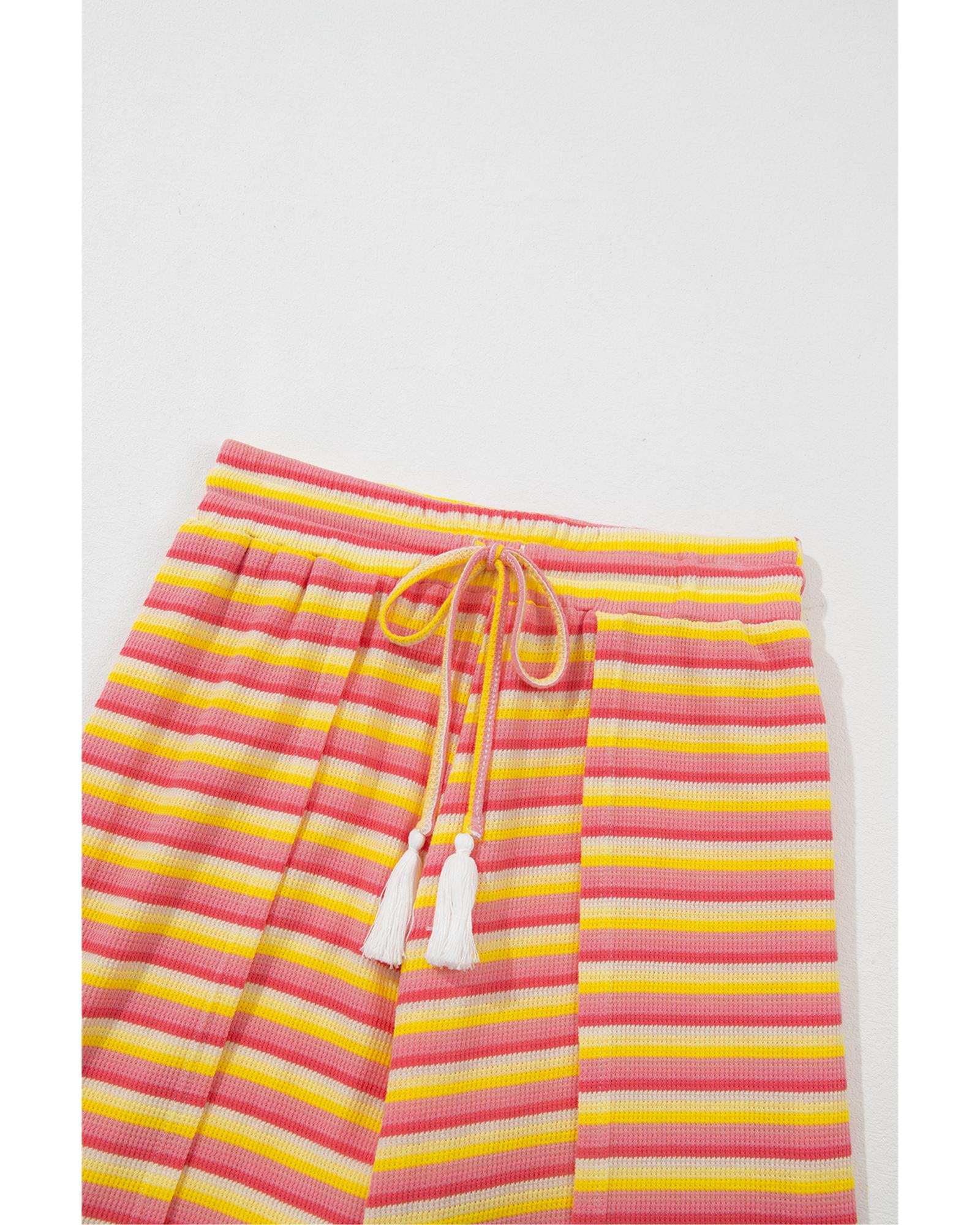Yellow Stripe Rainbow Tee Tasseled String Wide Leg Pants Set - 2XL 6