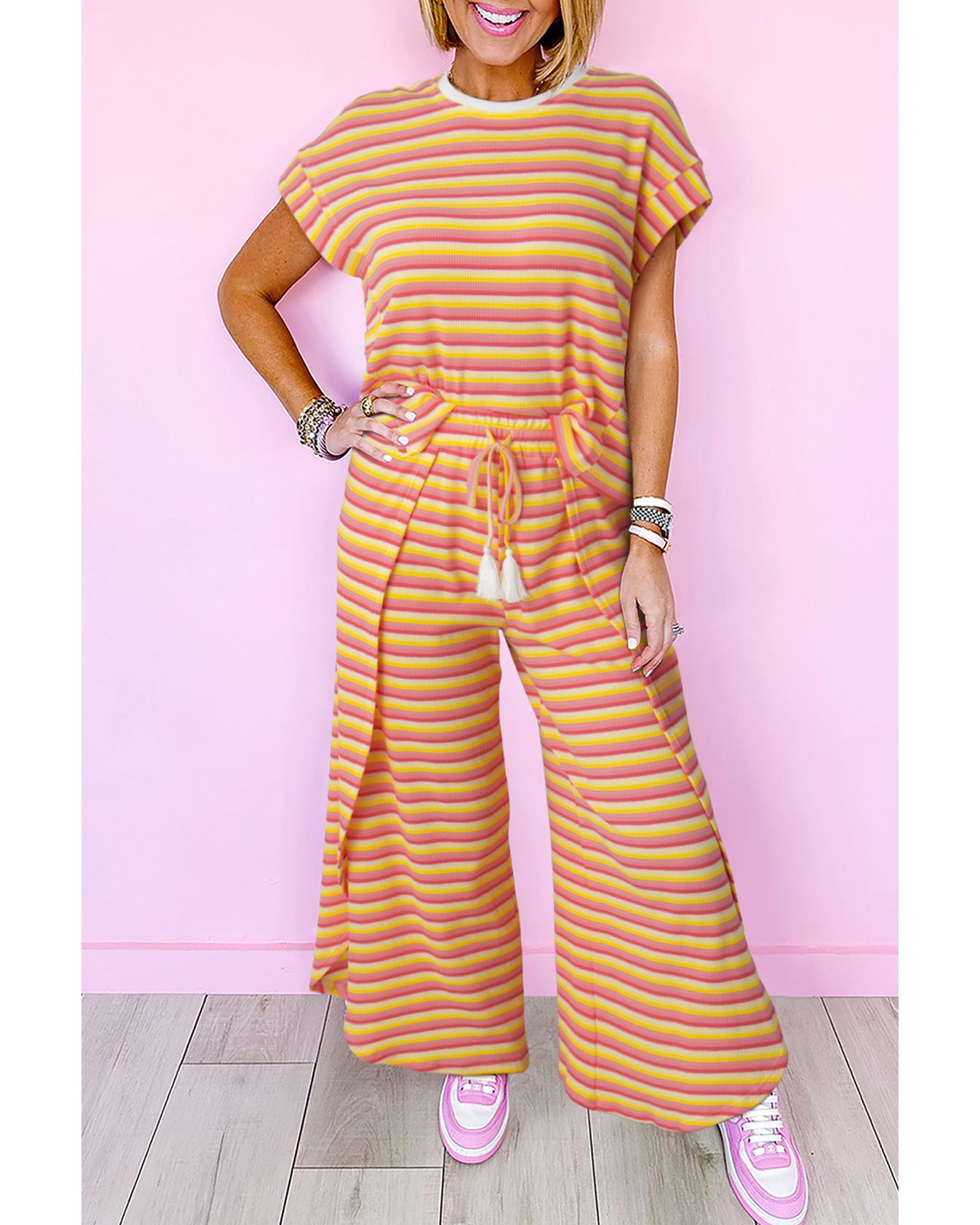 Yellow Stripe Rainbow Tee Tasseled String Wide Leg Pants Set - 2XL 8