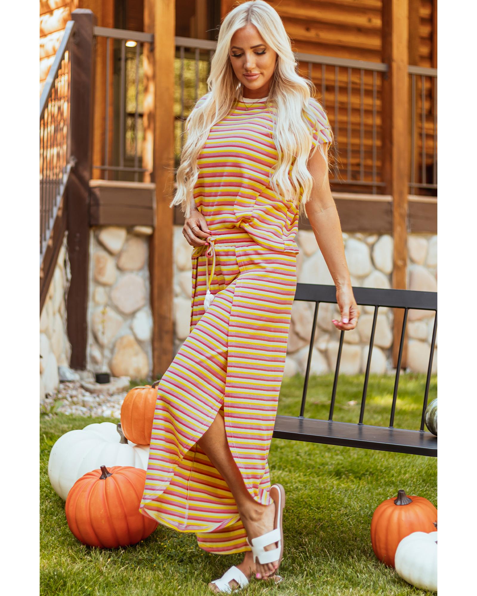Yellow Stripe Rainbow Tee Tasseled String Wide Leg Pants Set - M 5