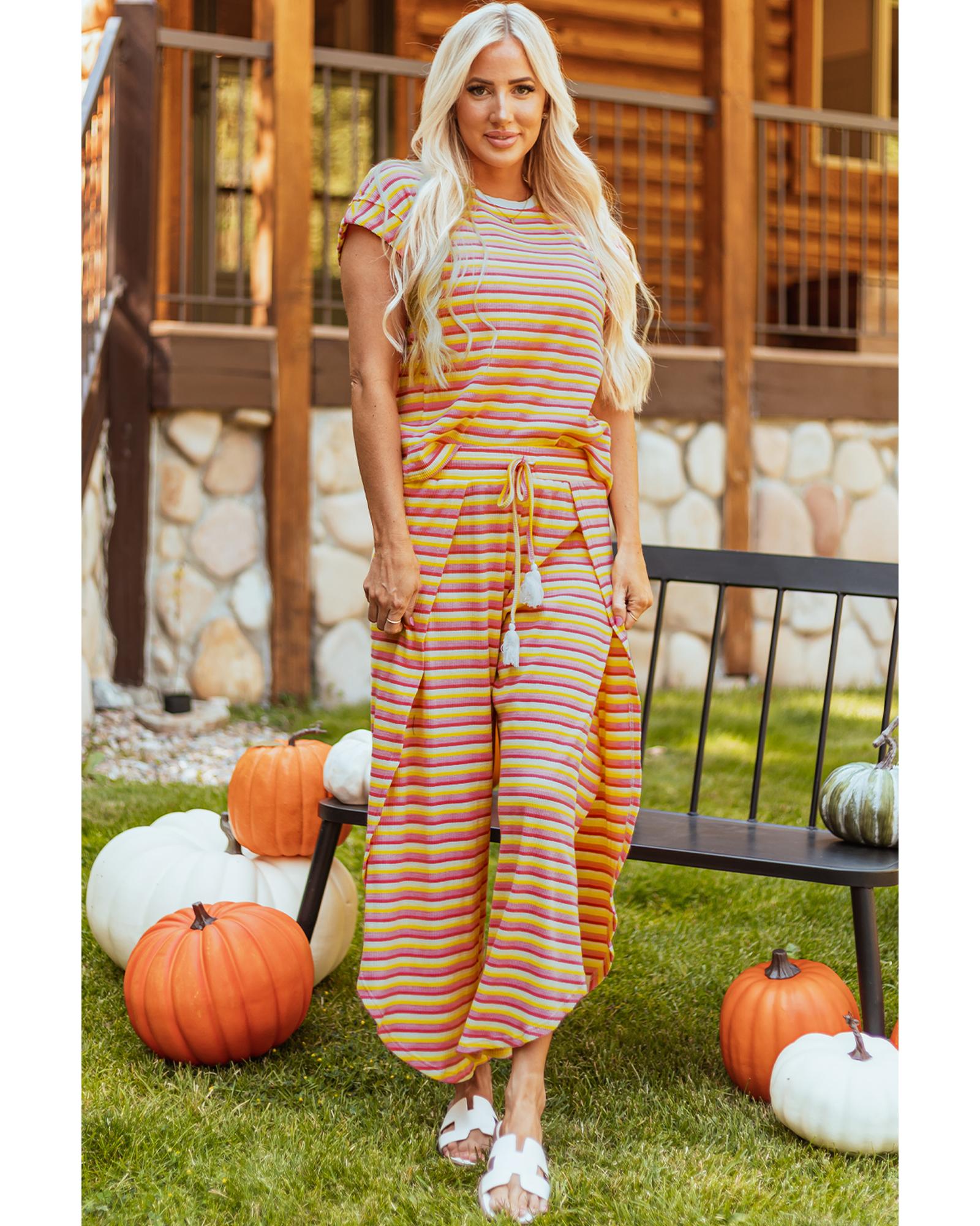 Yellow Stripe Rainbow Tee Tasseled String Wide Leg Pants Set - XL