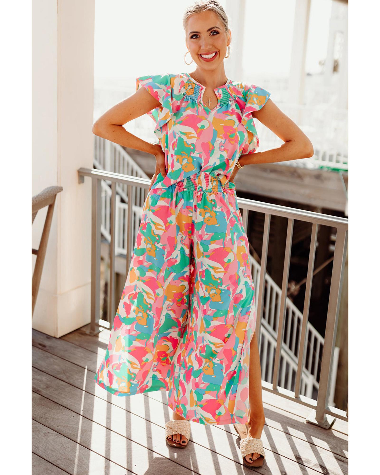 Floral Ruffled Sleeve Top Smocked Wide Leg Pants Set - M